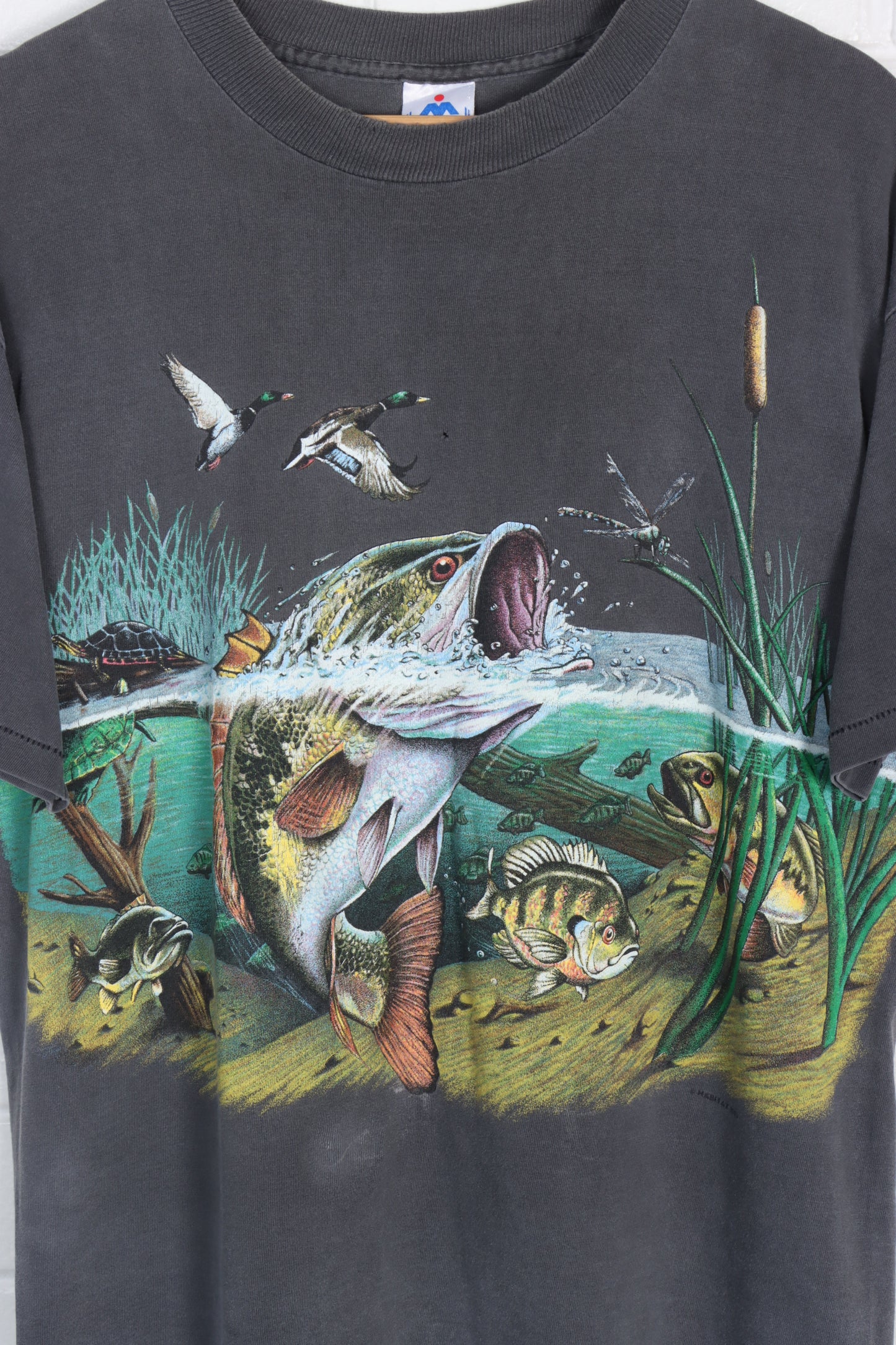 Fishing Trout & Ducks Grey & Colourful All Over Animal USA Made T-Shirt (L)