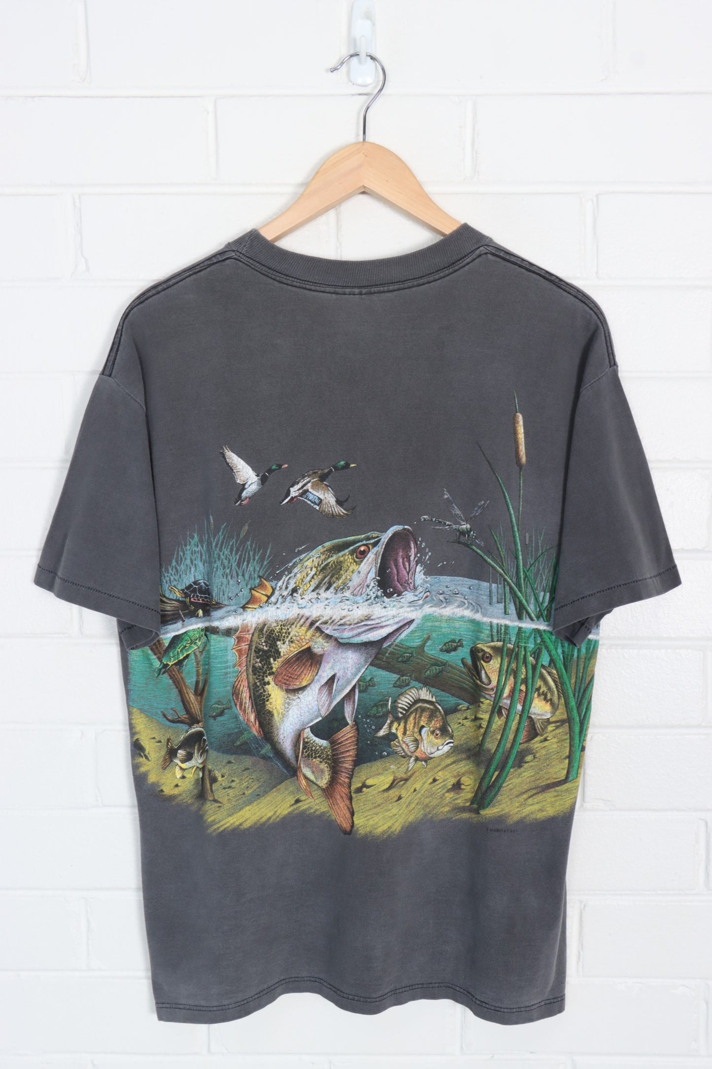 Fishing Trout & Ducks Grey & Colourful All Over Animal USA Made T-Shirt (L)