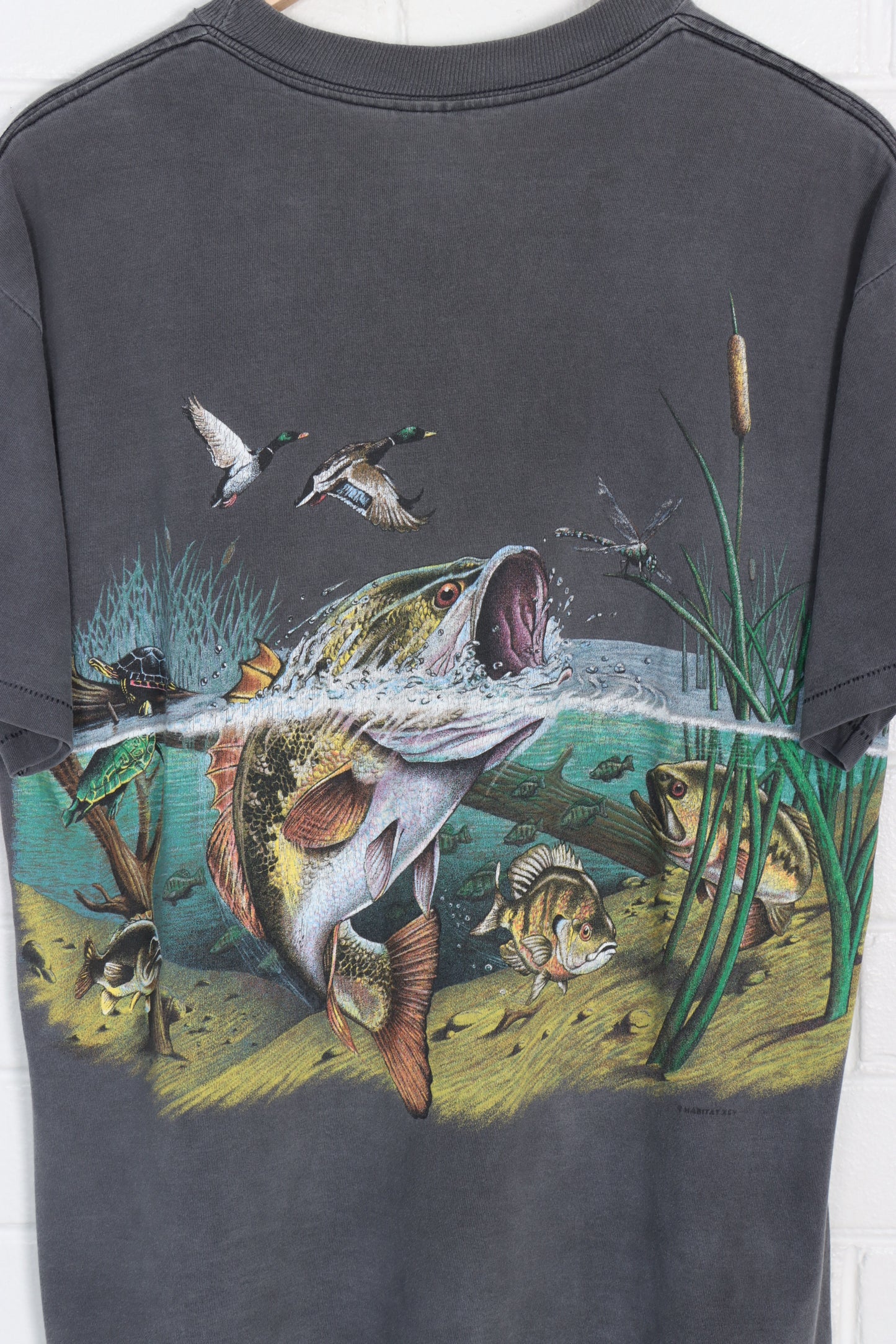 Fishing Trout & Ducks Grey & Colourful All Over Animal USA Made T-Shirt (L)