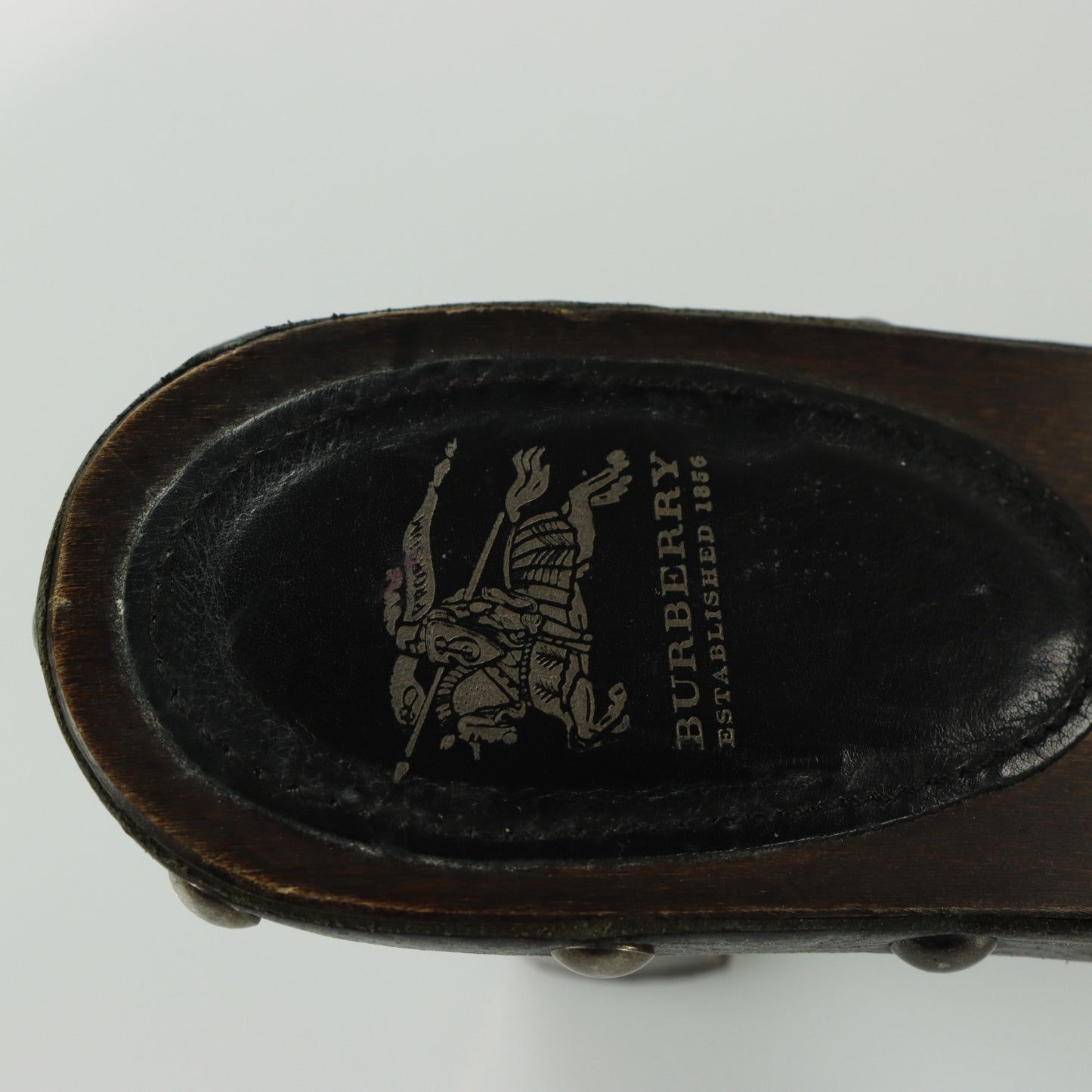 BURBERRY Metallic Buckle Plaid Italy Made Wooden Clog Heels (38)