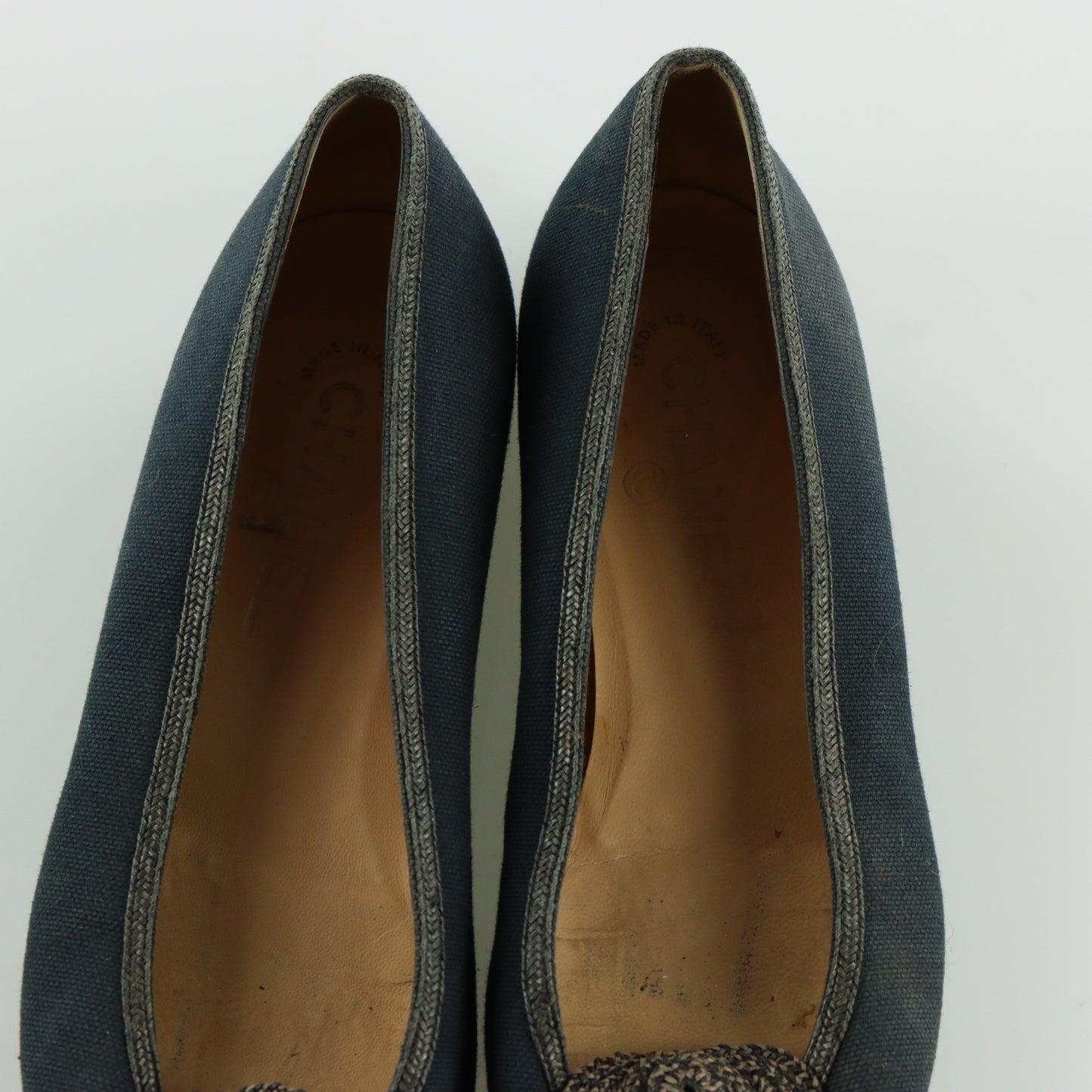 CHANEL 'Camellia' Navy Flower Canvas Ballet Flats (38)