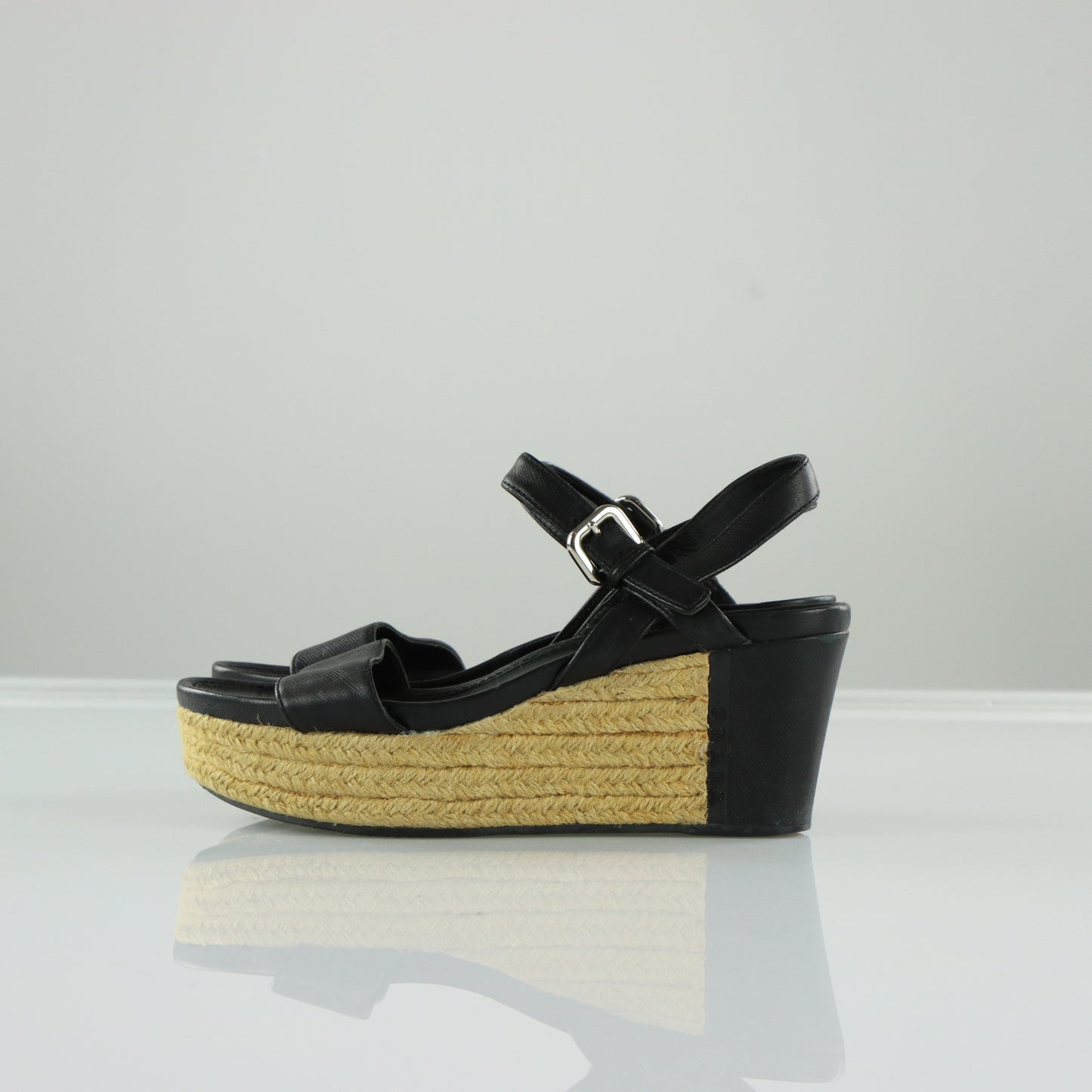 PRADA Strappy Black Patent Leather Espadrille Wedges (37)