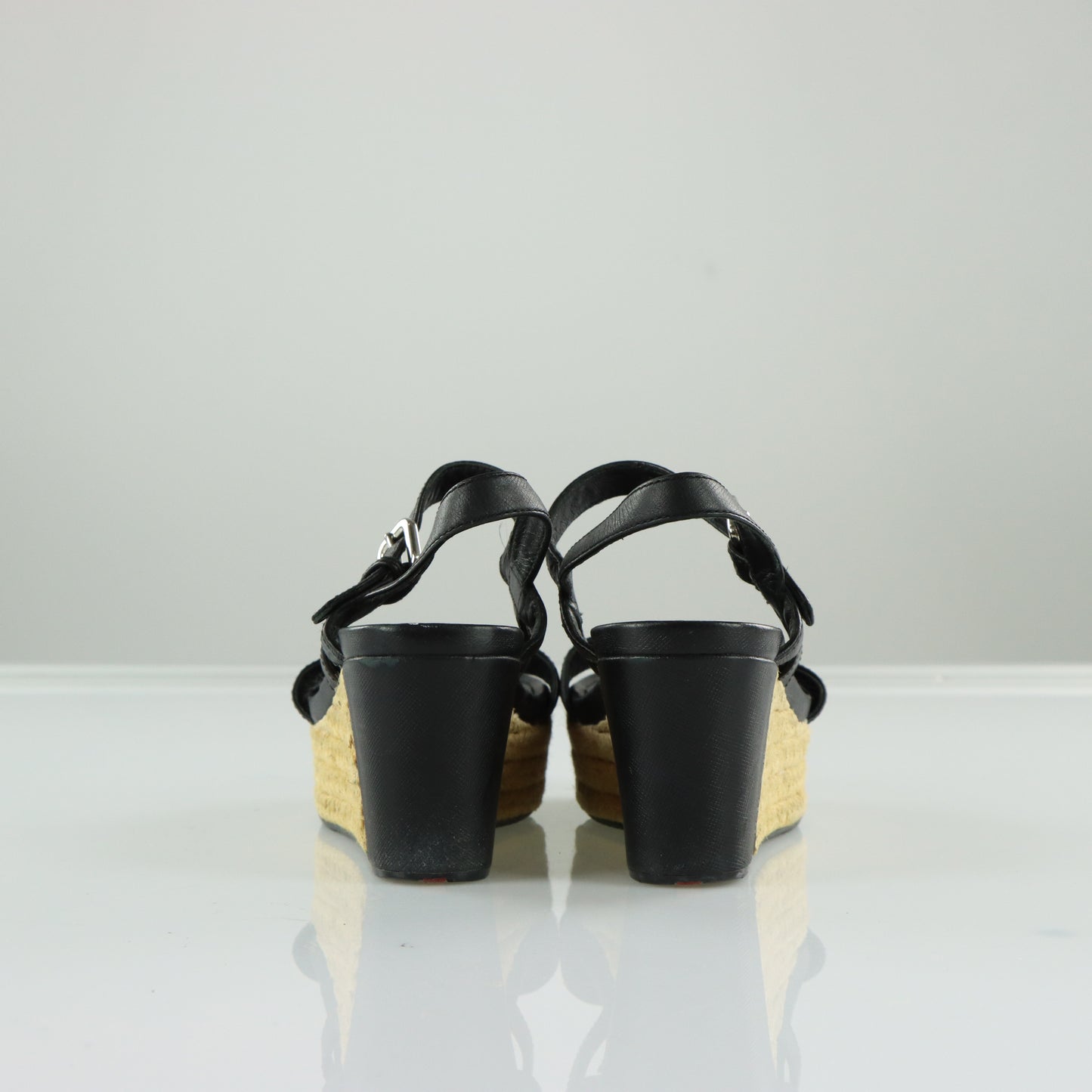 PRADA Strappy Black Patent Leather Espadrille Wedges (37)