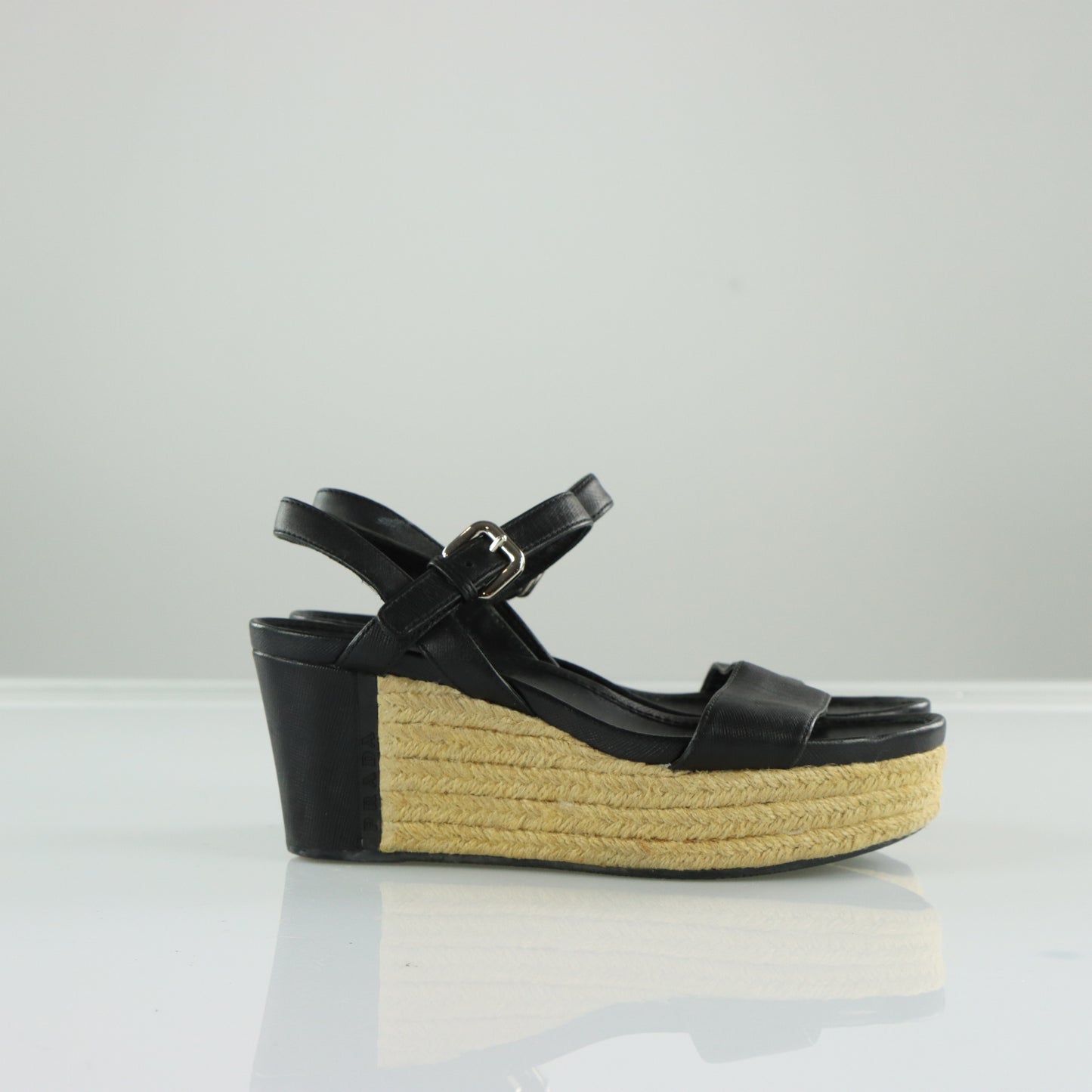 PRADA Strappy Black Patent Leather Espadrille Wedges (37)