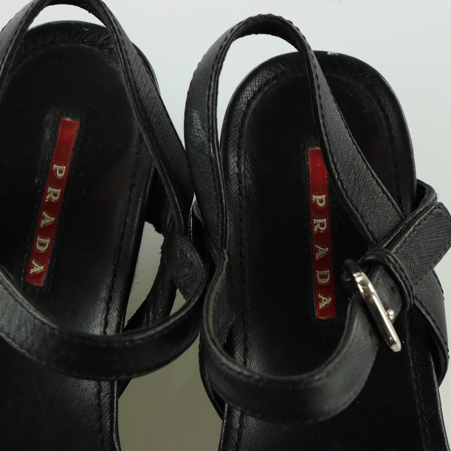 PRADA Strappy Black Patent Leather Espadrille Wedges (37)
