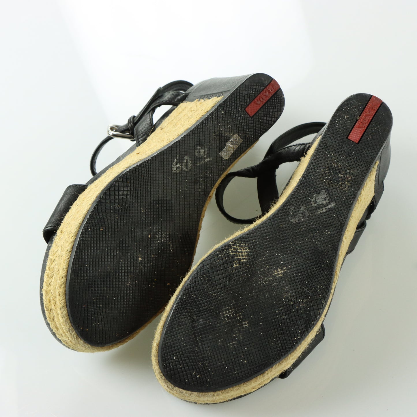 PRADA Strappy Black Patent Leather Espadrille Wedges (37)