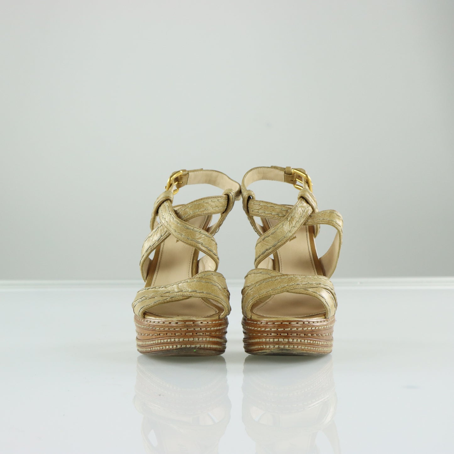 PRADA Strappy Stitch Braided Tan Platform High Heels (36.5)