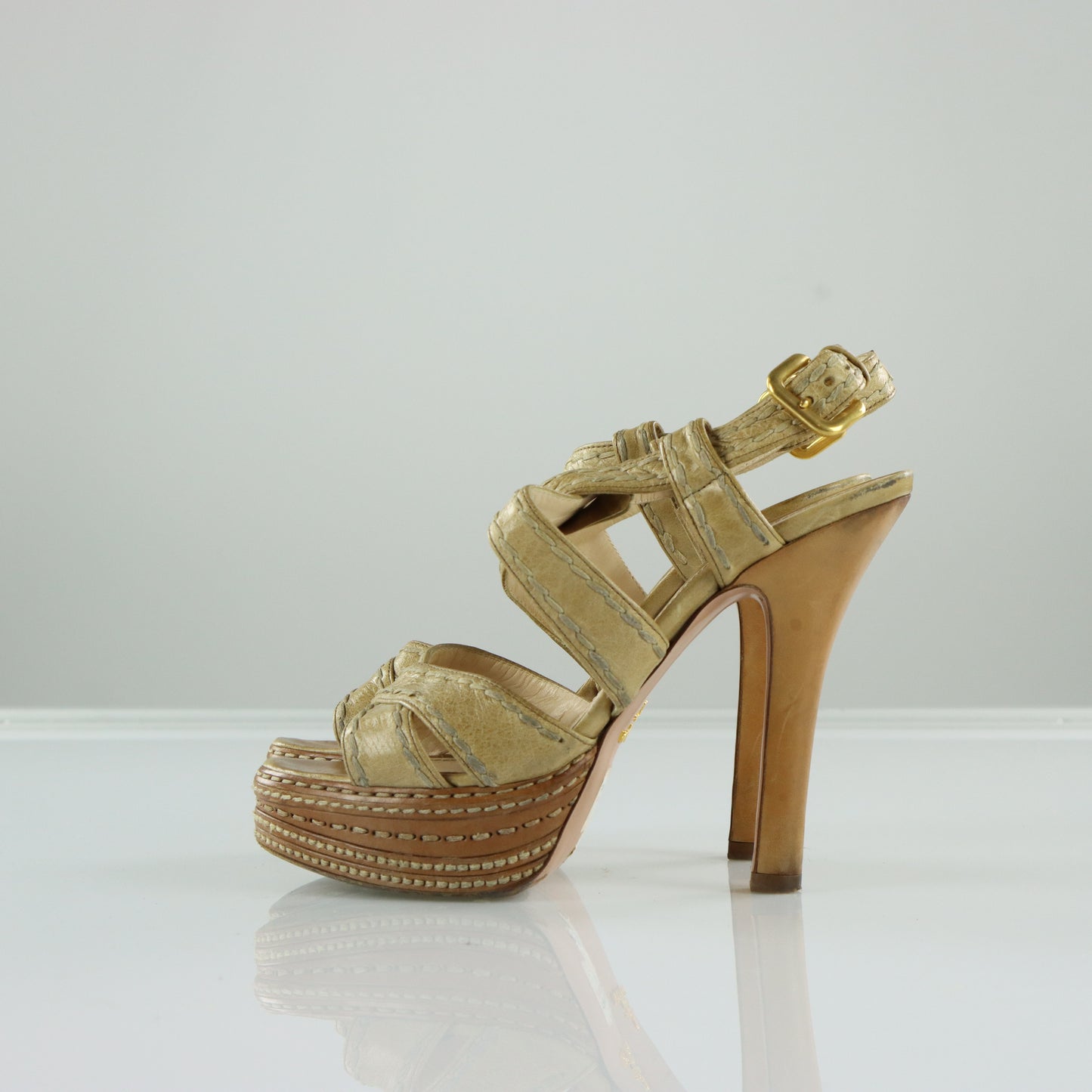 PRADA Strappy Stitch Braided Tan Platform High Heels (36.5)