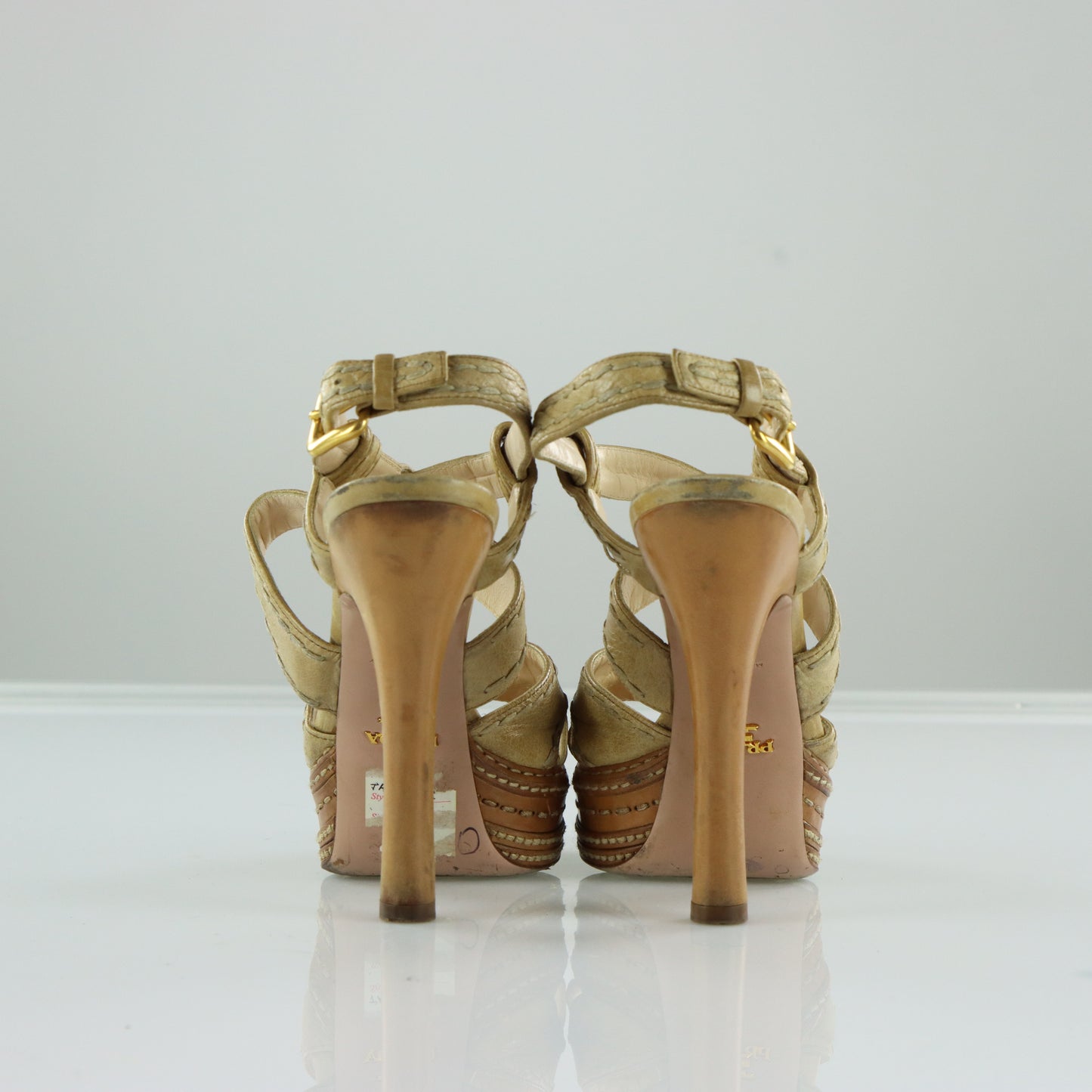 PRADA Strappy Stitch Braided Tan Platform High Heels (36.5)