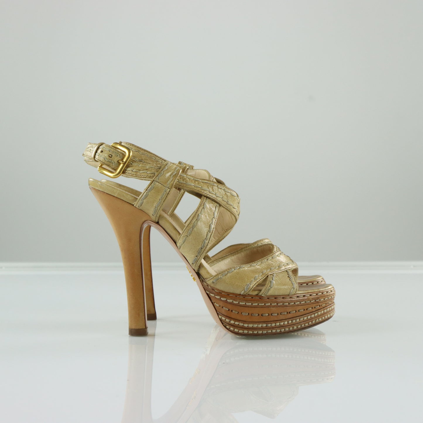 PRADA Strappy Stitch Braided Tan Platform High Heels (36.5)