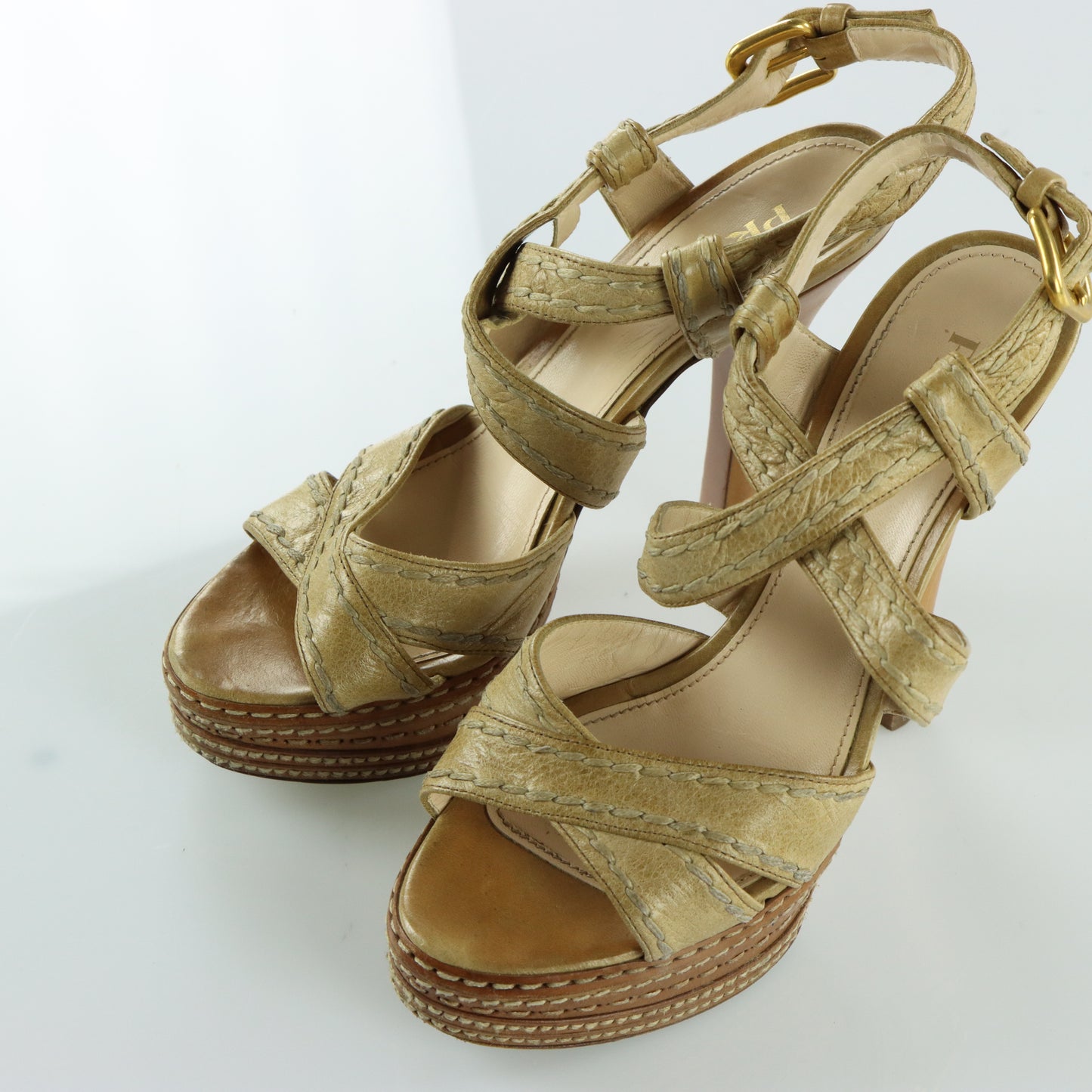 PRADA Strappy Stitch Braided Tan Platform High Heels (36.5)