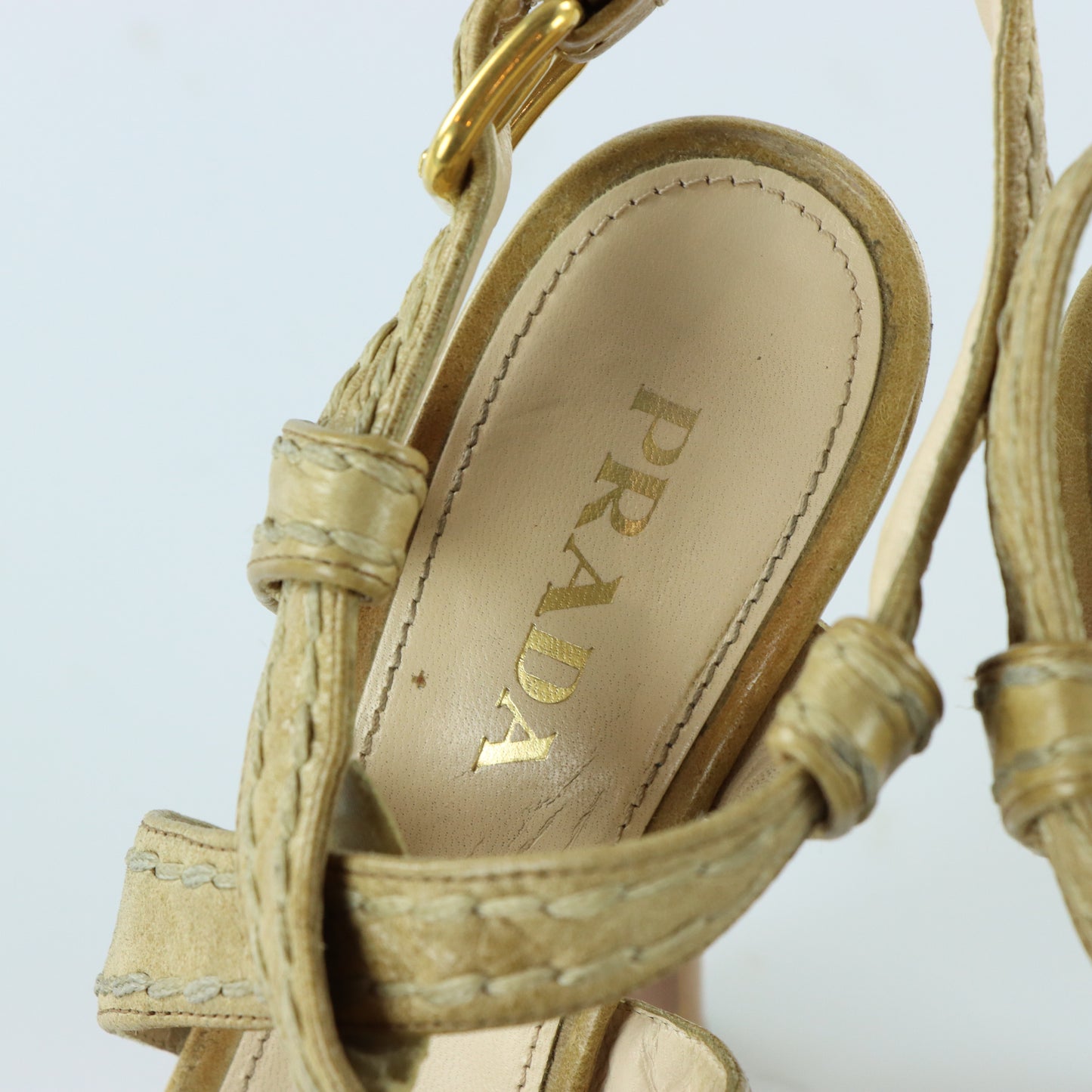 PRADA Strappy Stitch Braided Tan Platform High Heels (36.5)