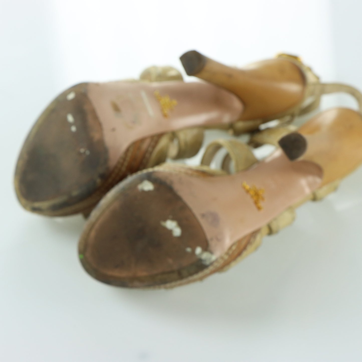 PRADA Strappy Stitch Braided Tan Platform High Heels (36.5)