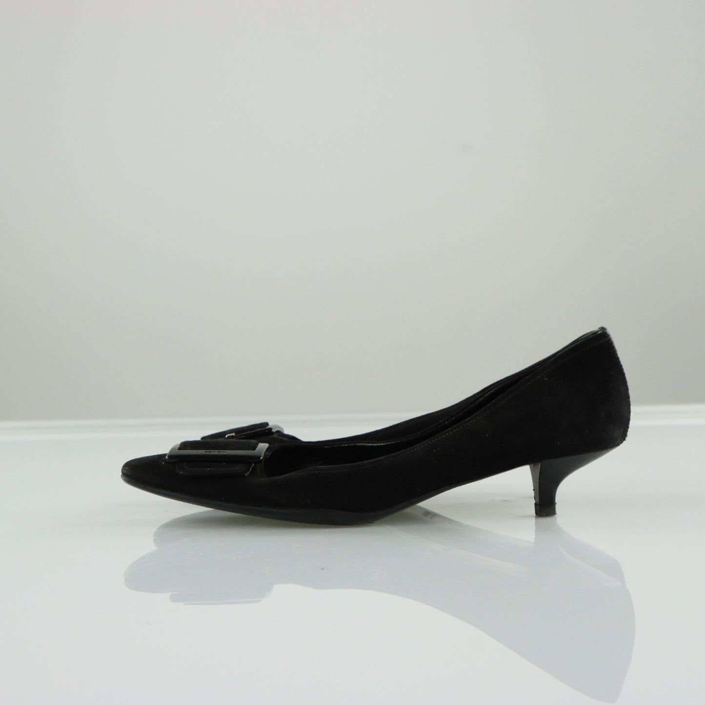 PRADA Large Buckle Detail Suede Low Kitten Heel (38.5)