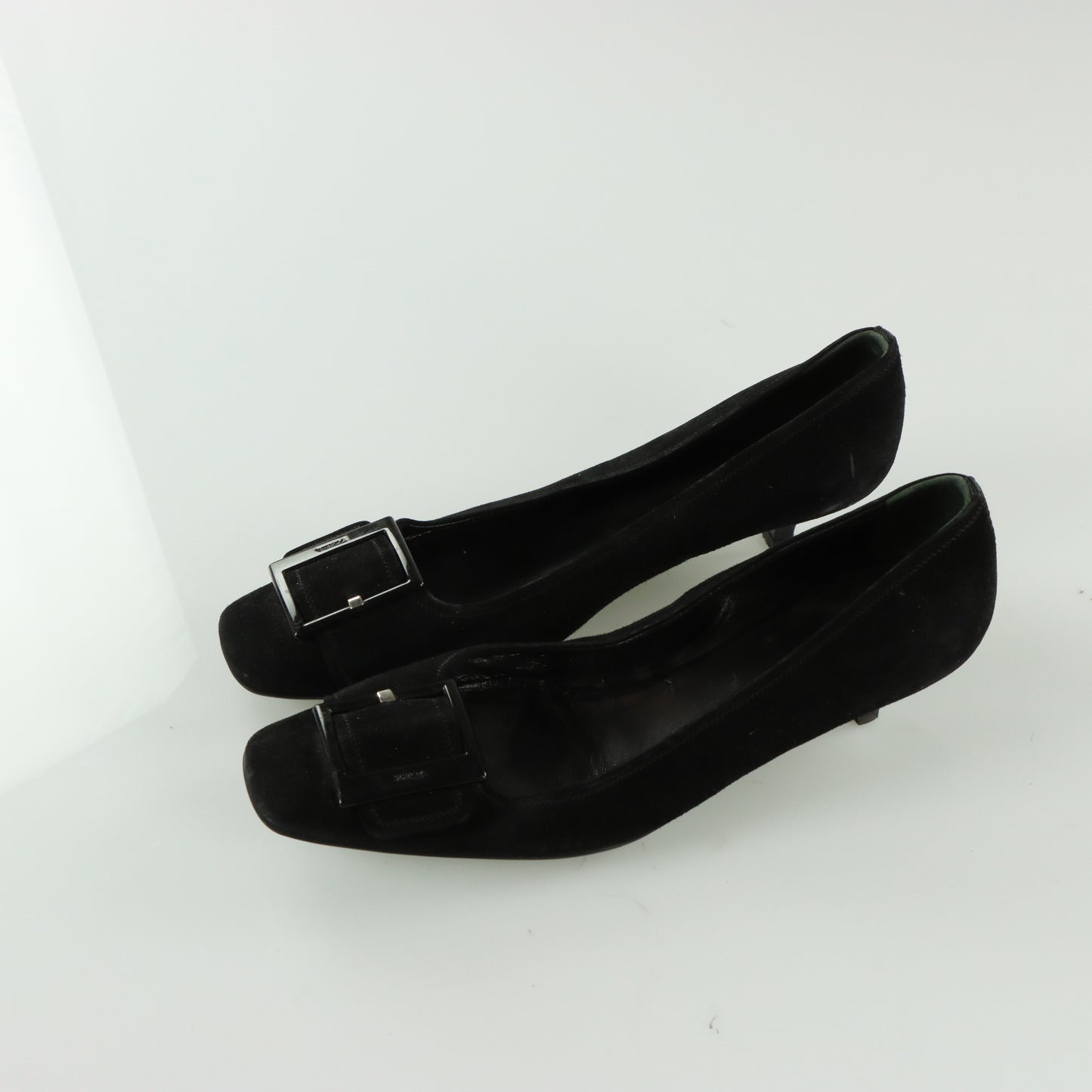 PRADA Large Buckle Detail Suede Low Kitten Heel (38.5)