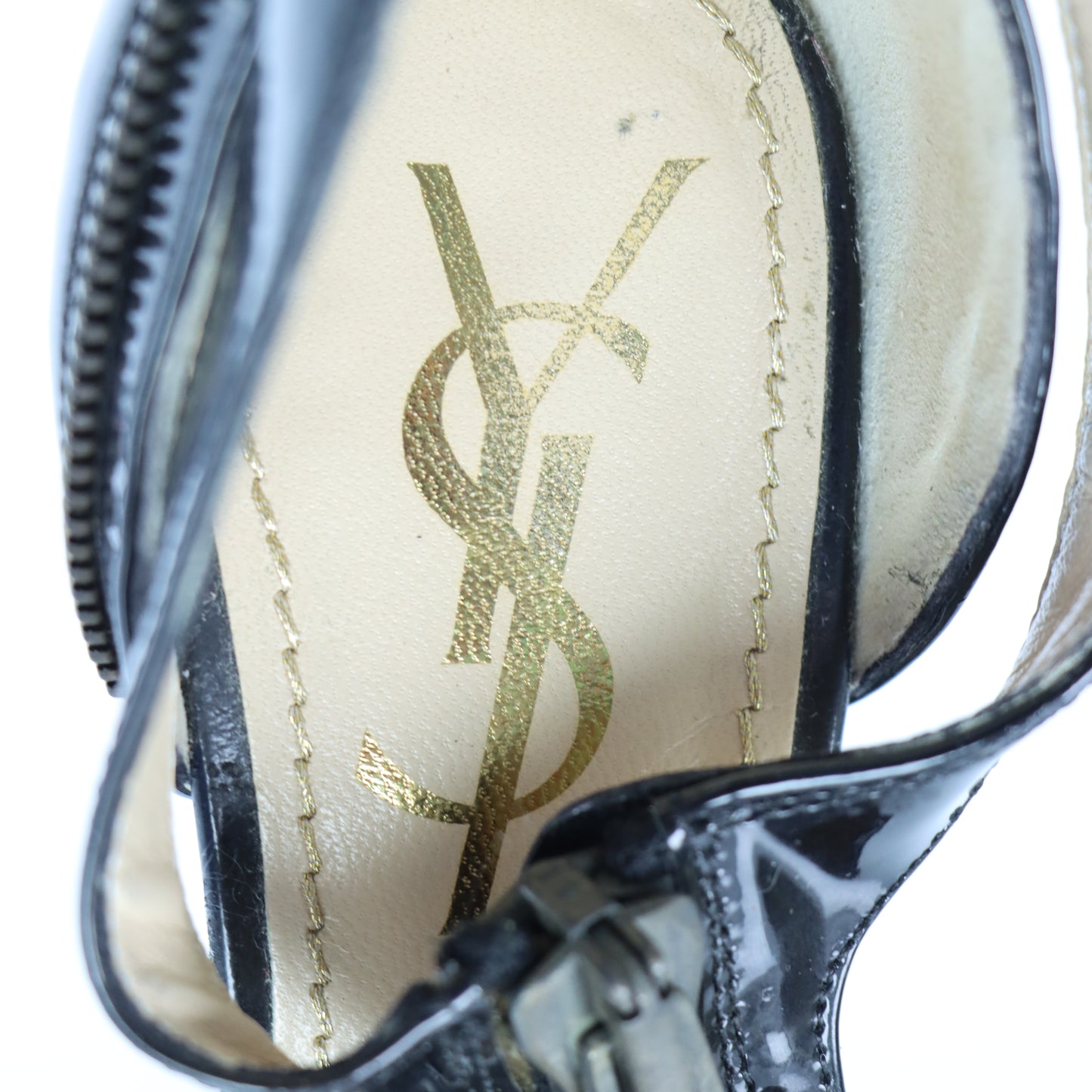 YVES SAINT LAURENT Patent Zip Black & Gold Italy Made Heels (36)