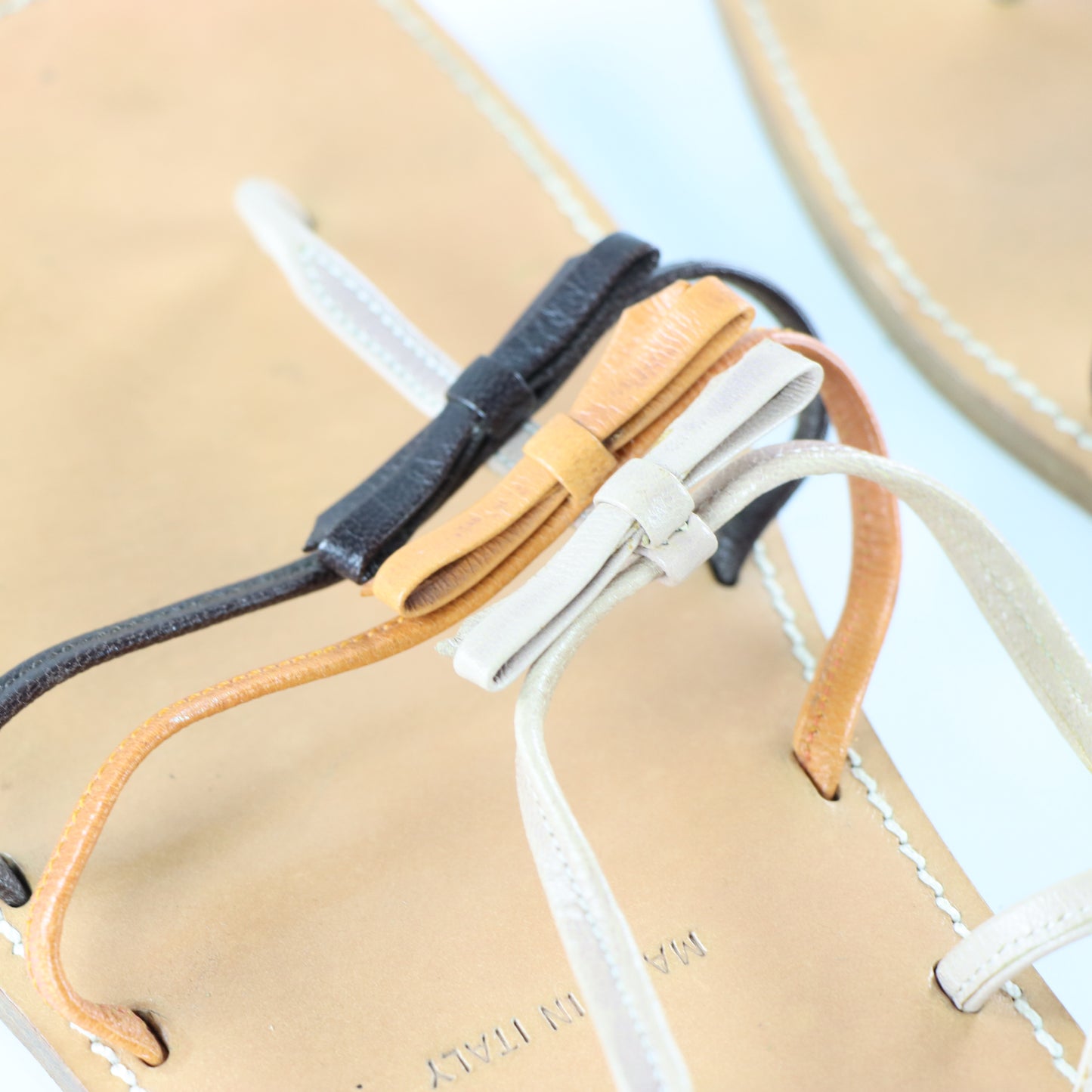 MIU MIU Three-Bow Patent Italy Made Tan Sandal (38.5)