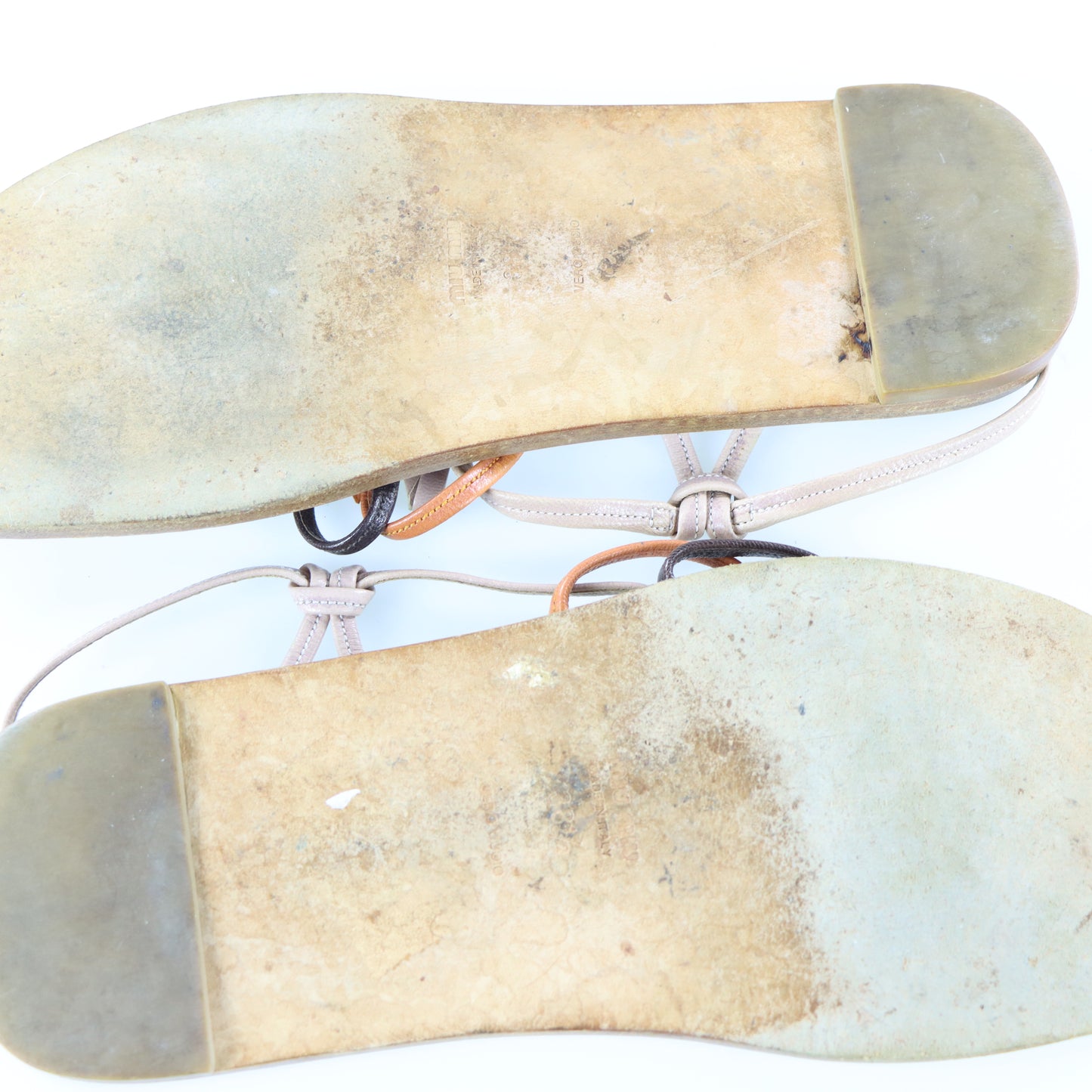 MIU MIU Three-Bow Patent Italy Made Tan Sandal (38.5)