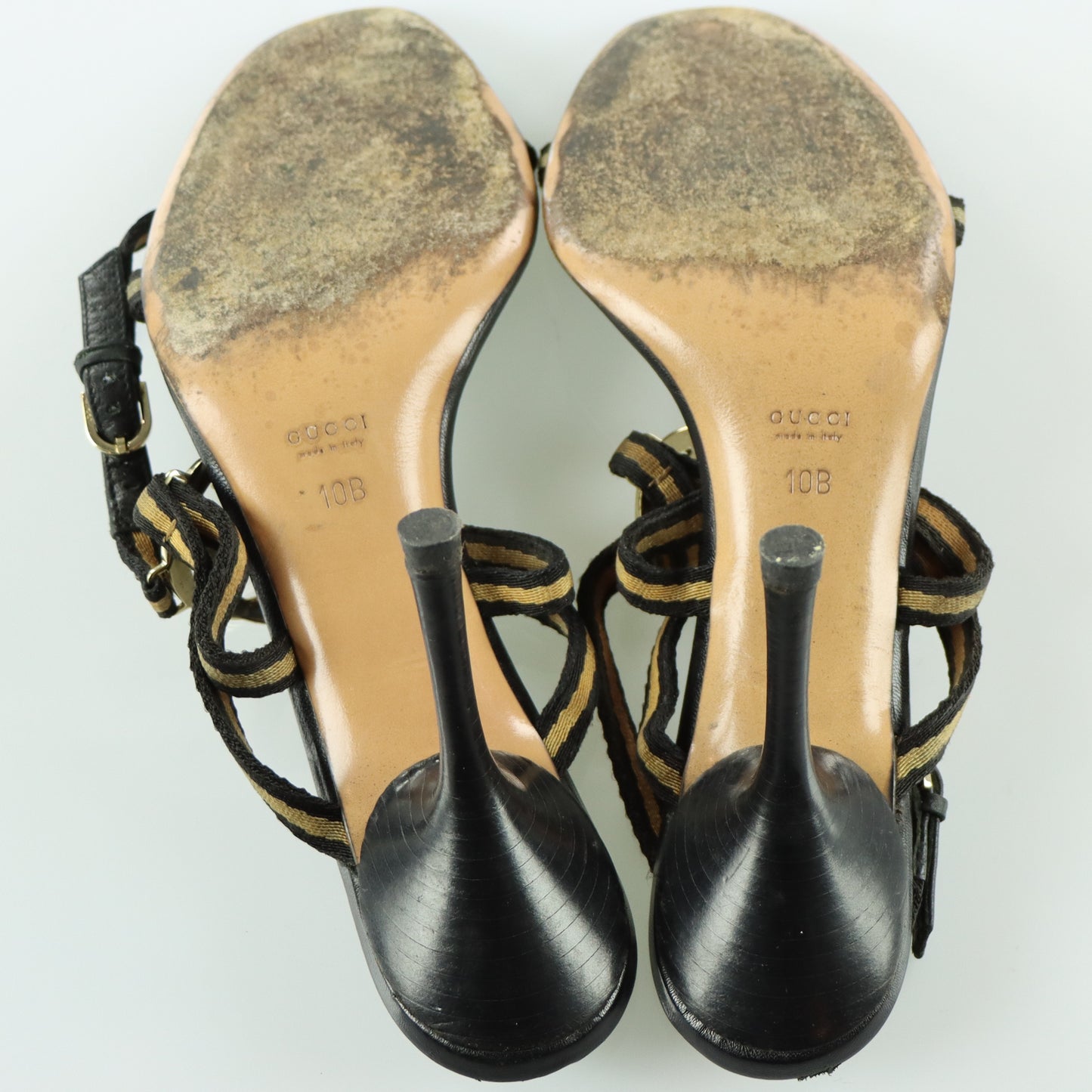 GUCCI Beige & Black Italian Made Gold GG Logo Strappy Sandal Heels (10)