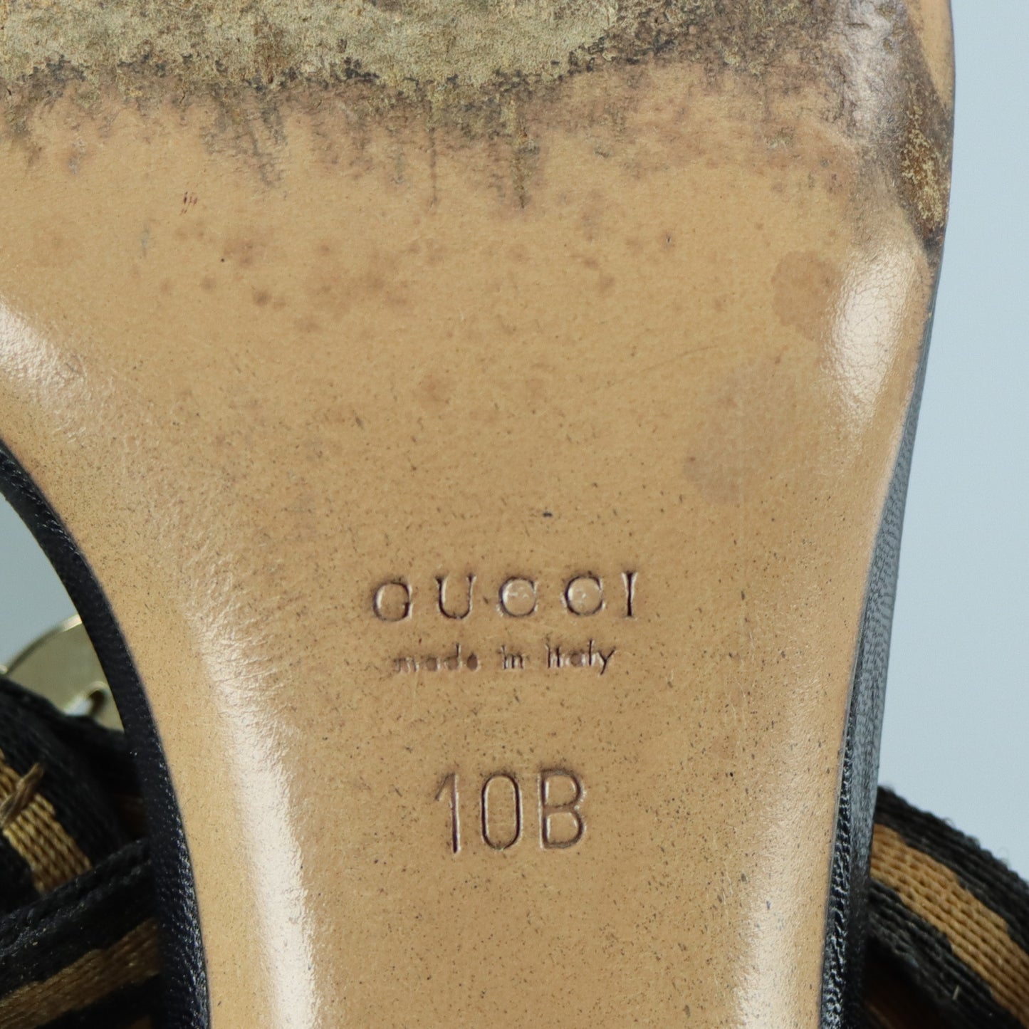 GUCCI Beige & Black Italian Made Gold GG Logo Strappy Sandal Heels (10)