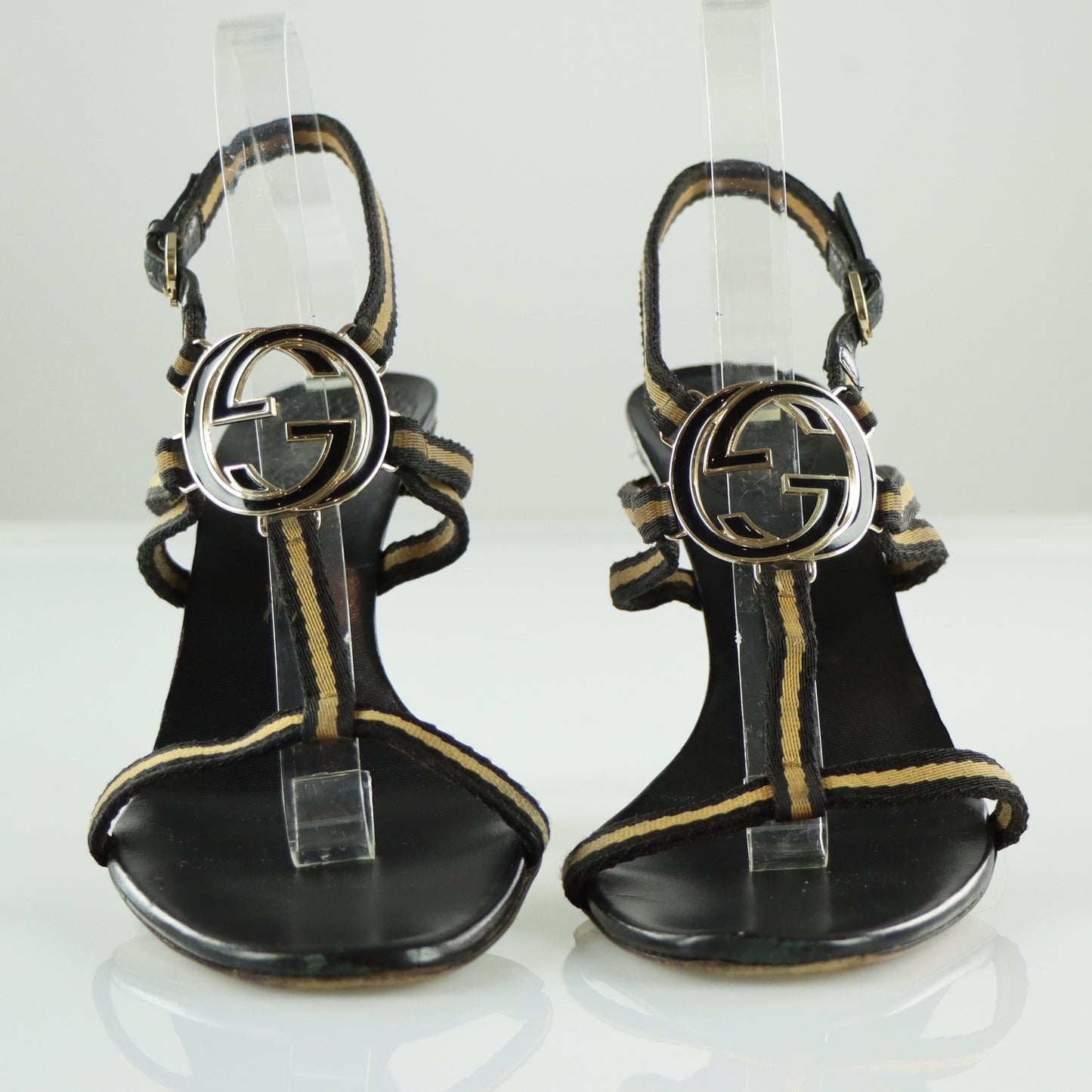 GUCCI Beige & Black Italian Made Gold GG Logo Strappy Sandal Heels (10)
