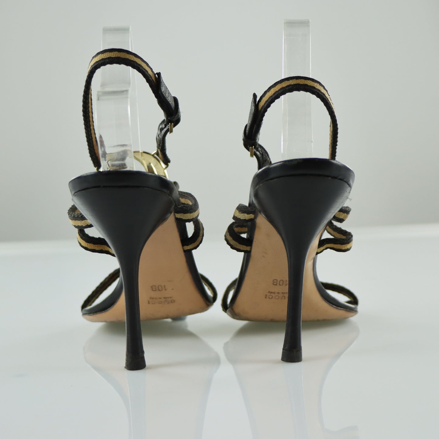 GUCCI Beige & Black Italian Made Gold GG Logo Strappy Sandal Heels (10)
