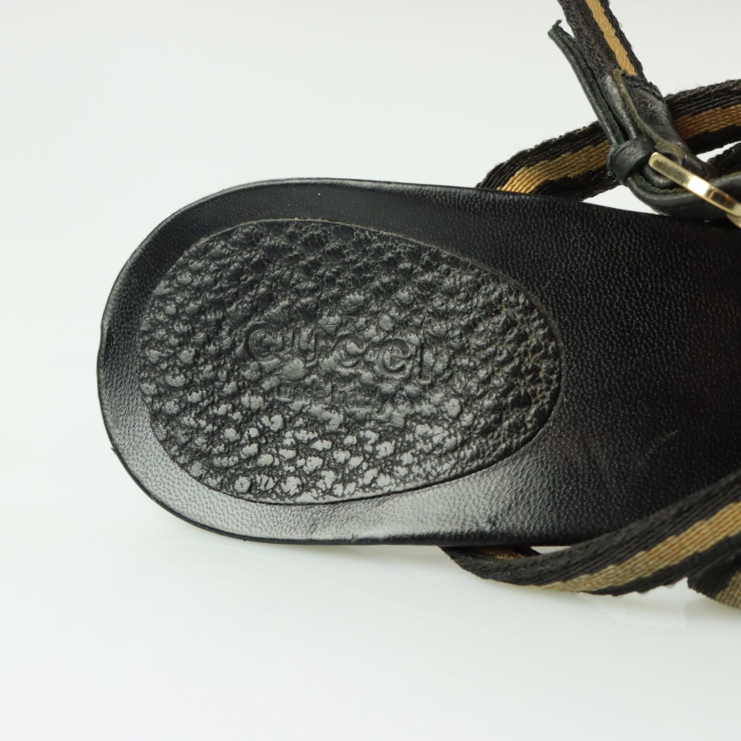 GUCCI Beige & Black Italian Made Gold GG Logo Strappy Sandal Heels (10)