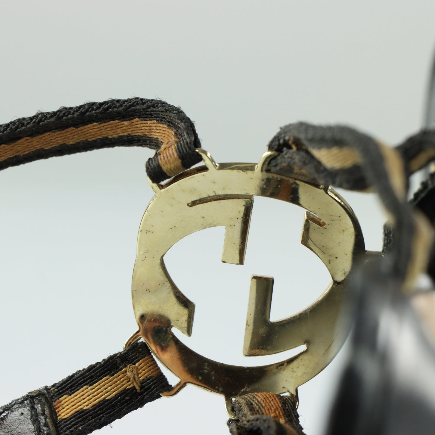 GUCCI Beige & Black Italian Made Gold GG Logo Strappy Sandal Heels (10)