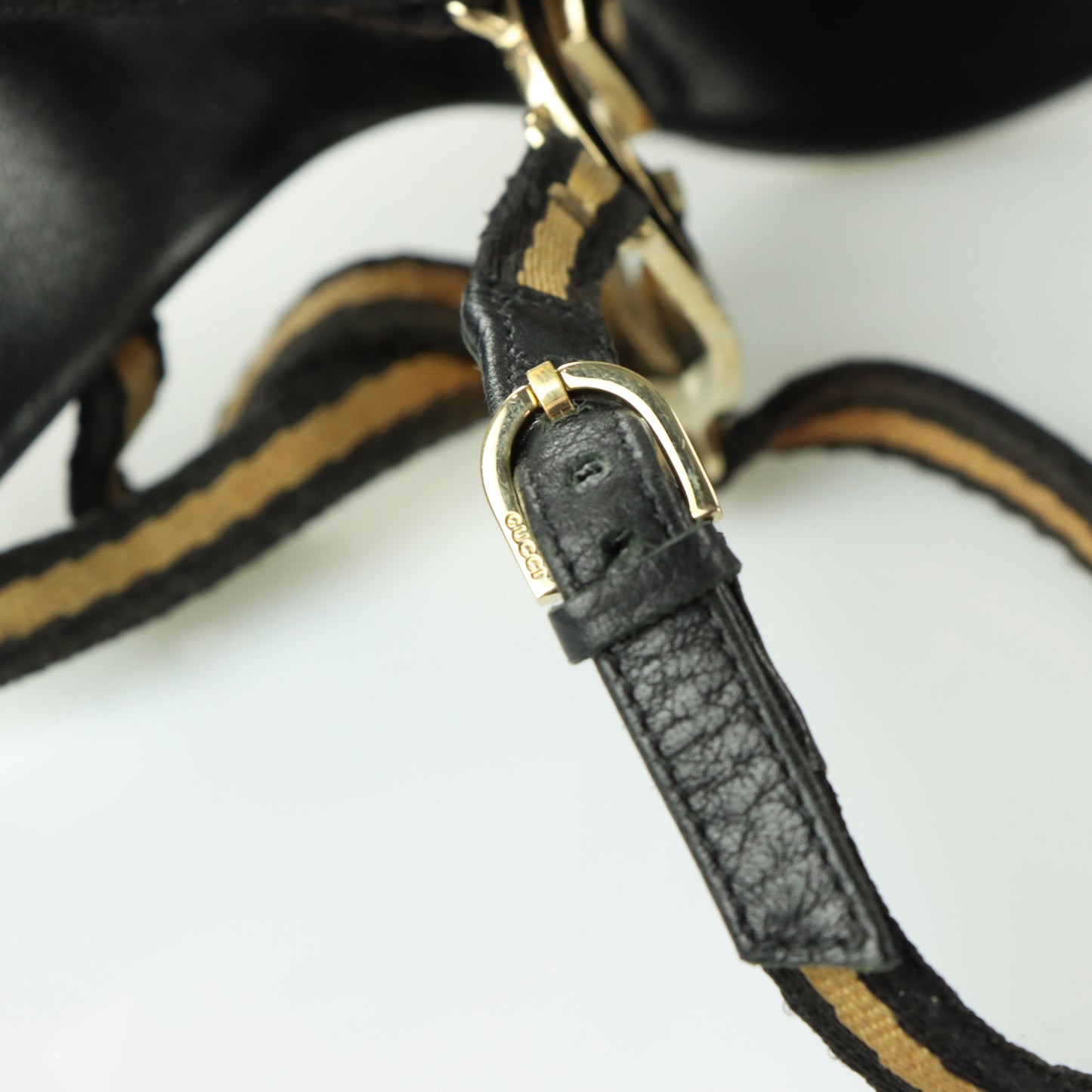 GUCCI Beige & Black Italian Made Gold GG Logo Strappy Sandal Heels (10)