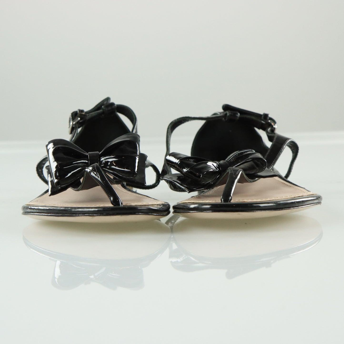 MIU MIU Black Patent Leather Bow Adjustable Buckle Strap T-Bar Sandals (40)