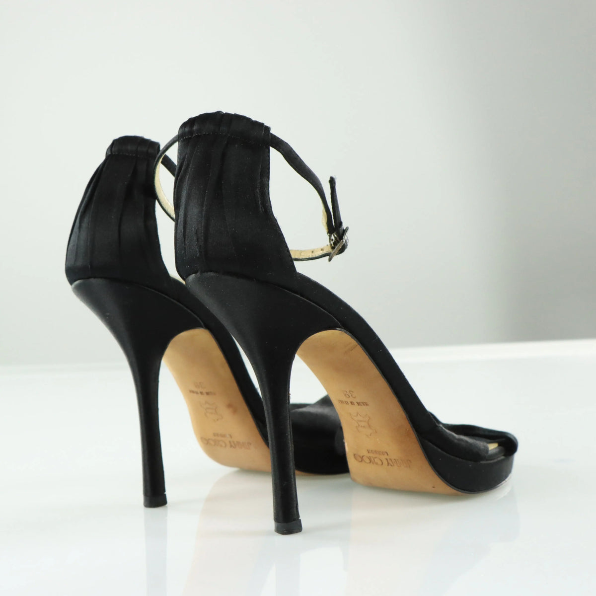 JIMMY CHOO Black Satin 'Macy' Adjustable Strap Stiletto Sandal Heels Italian Made (39) Vintage Sole Melbourne