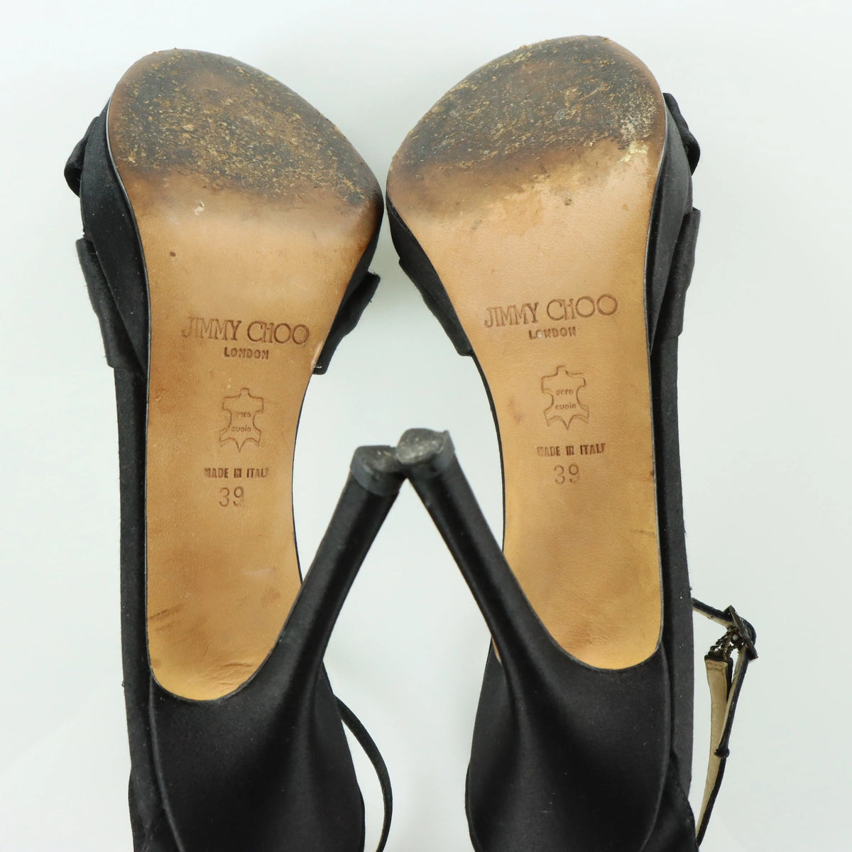 JIMMY CHOO Black Satin 'Macy' Adjustable Strap Stiletto Sandal Heels Italian Made (39) Vintage Sole Melbourne