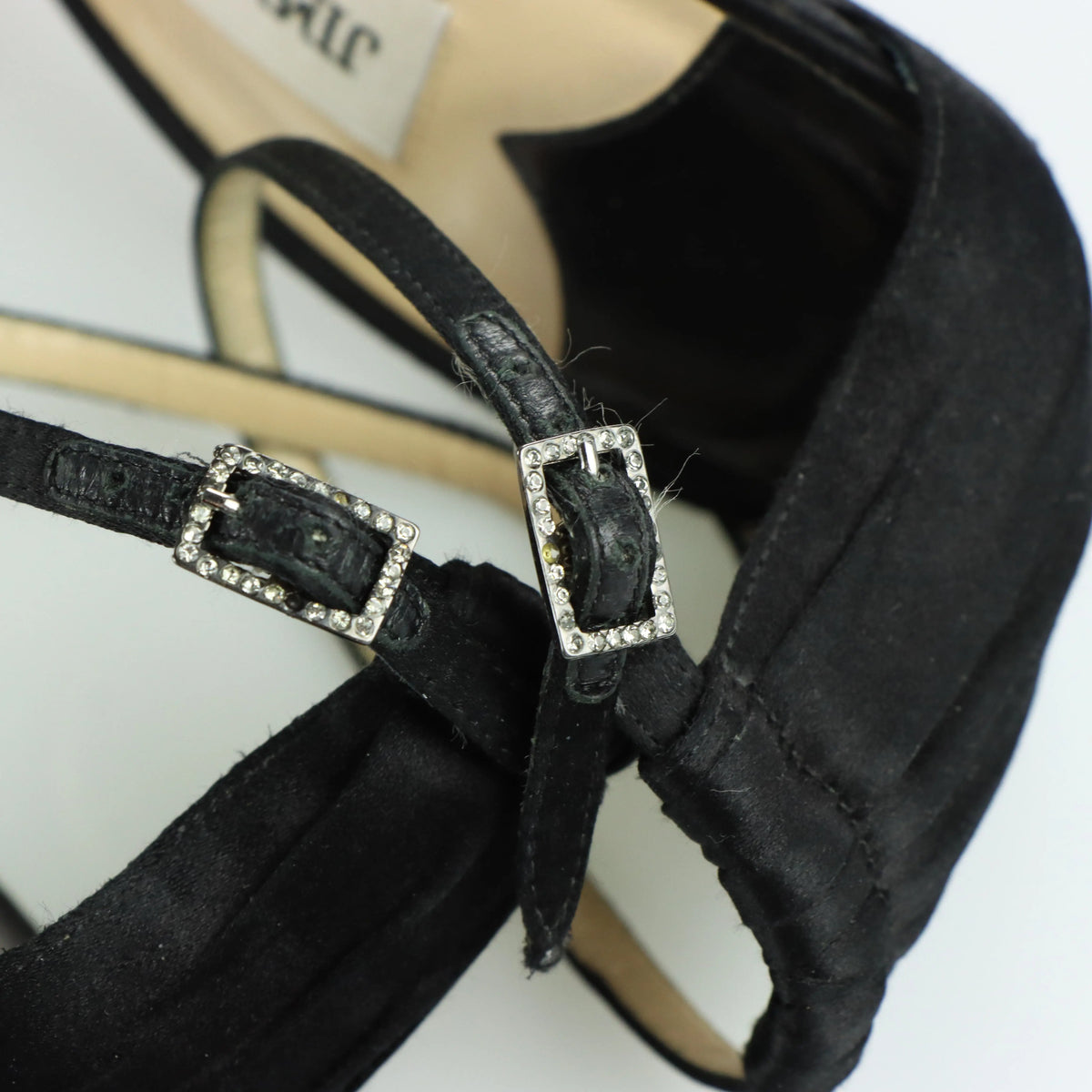 JIMMY CHOO Black Satin 'Macy' Adjustable Strap Stiletto Sandal Heels Italian Made (39) Vintage Sole Melbourne