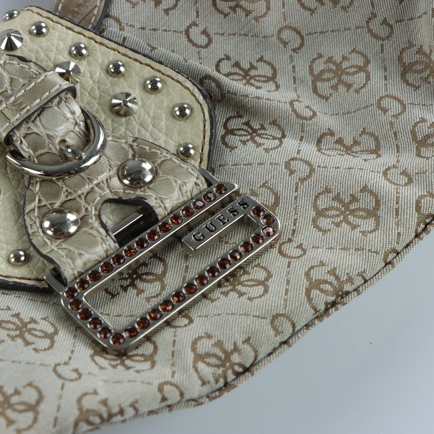 GUESS Vintage Y2K Beige and Silver Studded Diamante 'G' Mini Bag