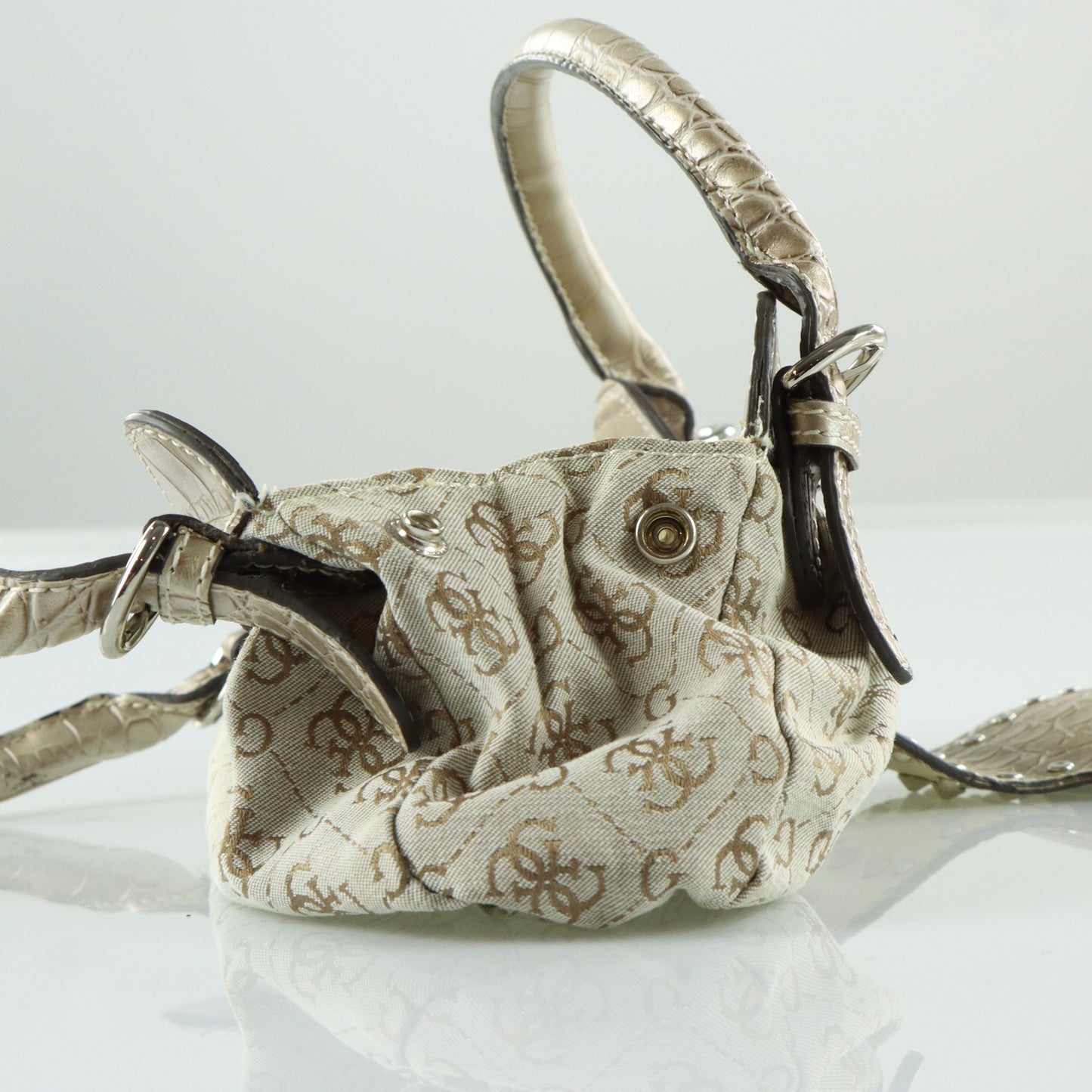GUESS Vintage Y2K Beige and Silver Studded Diamante 'G' Mini Bag