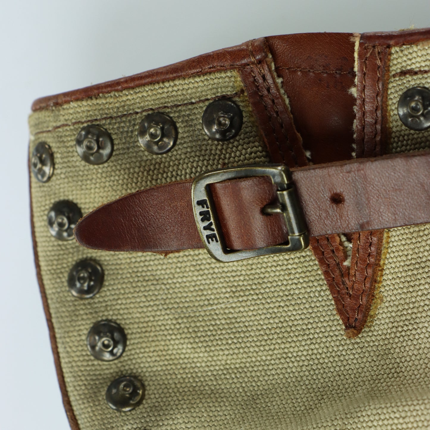FRYE Brown Leather & Beige Canvas Studded Buckle Boots (8.5)