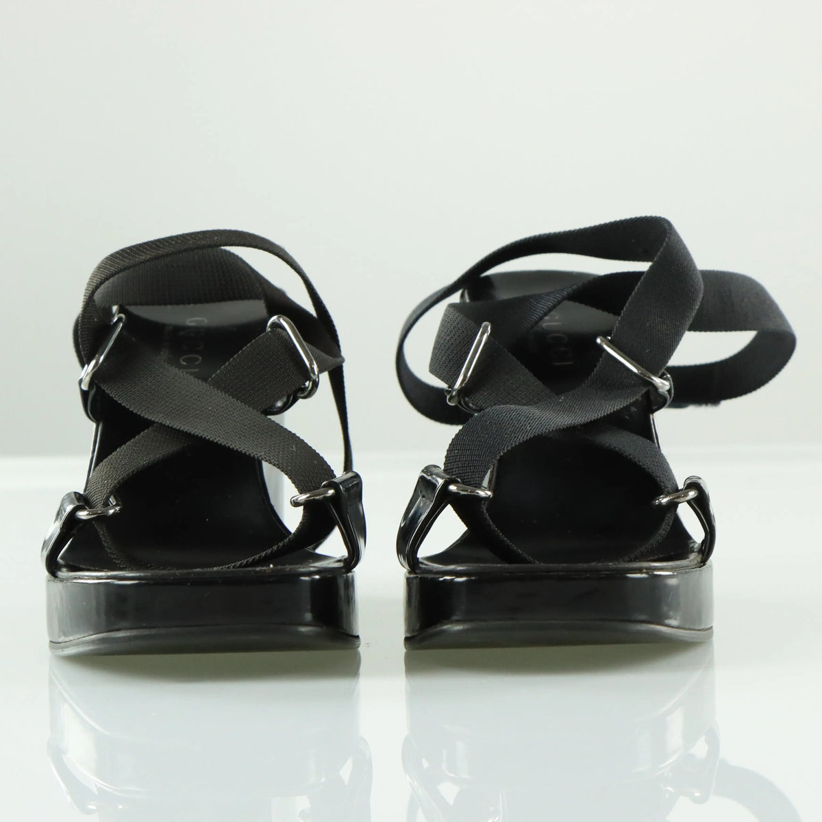 GUCCI Patent Leather Italian Made Black Adjustable Nylon Strap Wedges (8) Vintage Sole Melbourne