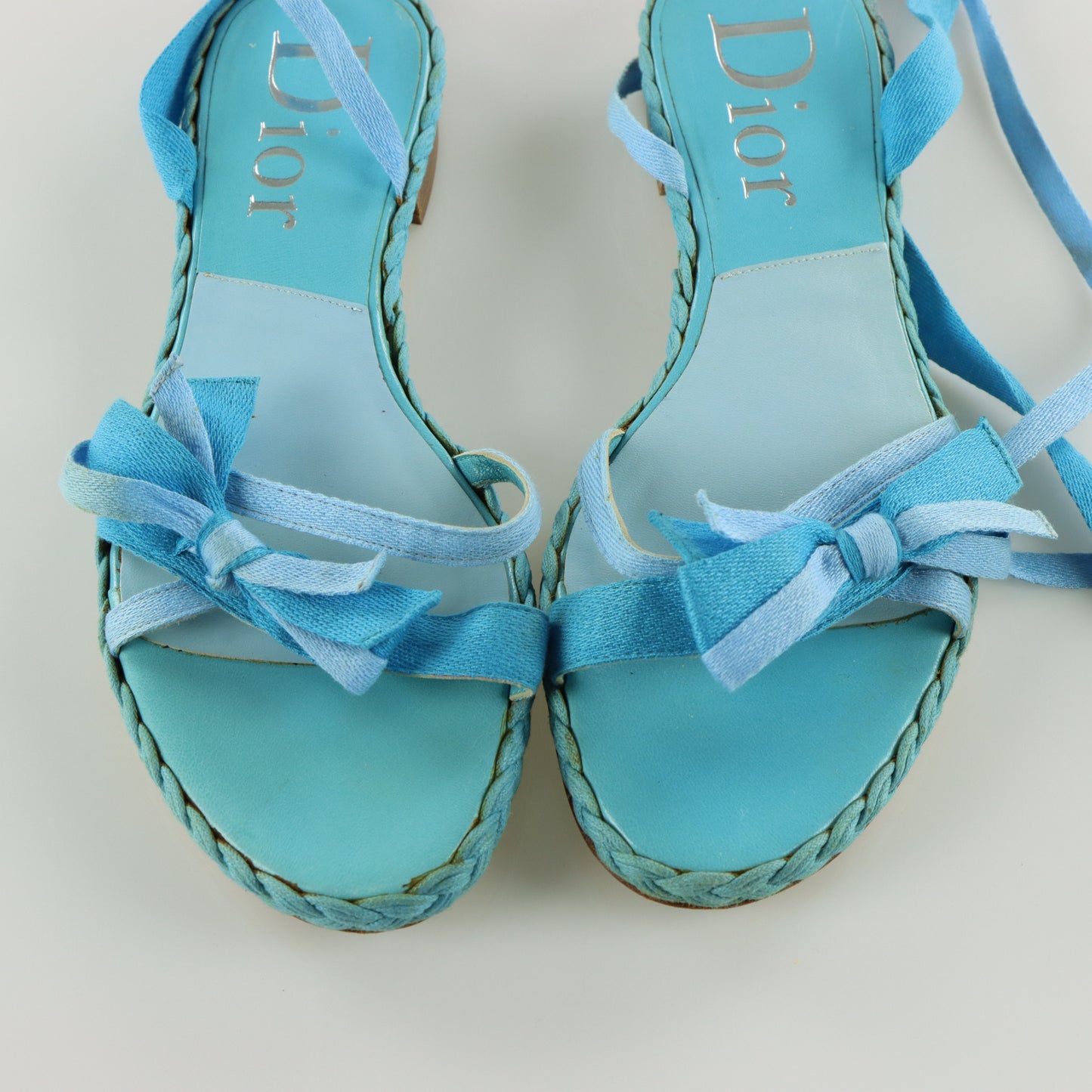 DIOR Cloth Strappy Lace-Up Bow Detail Blue Sandals (36.5)