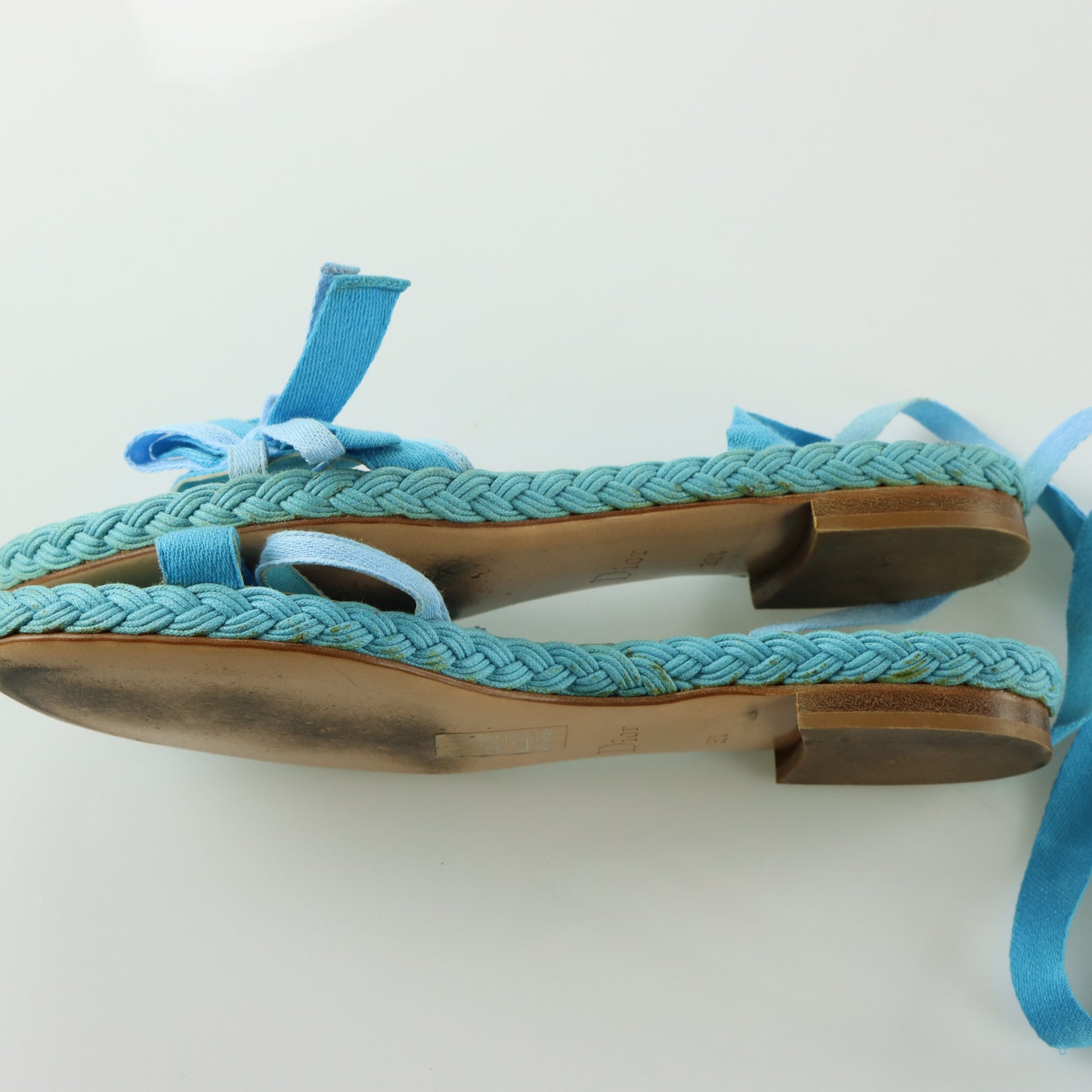 DIOR Cloth Strappy Lace-Up Bow Detail Blue Sandals (36.5)