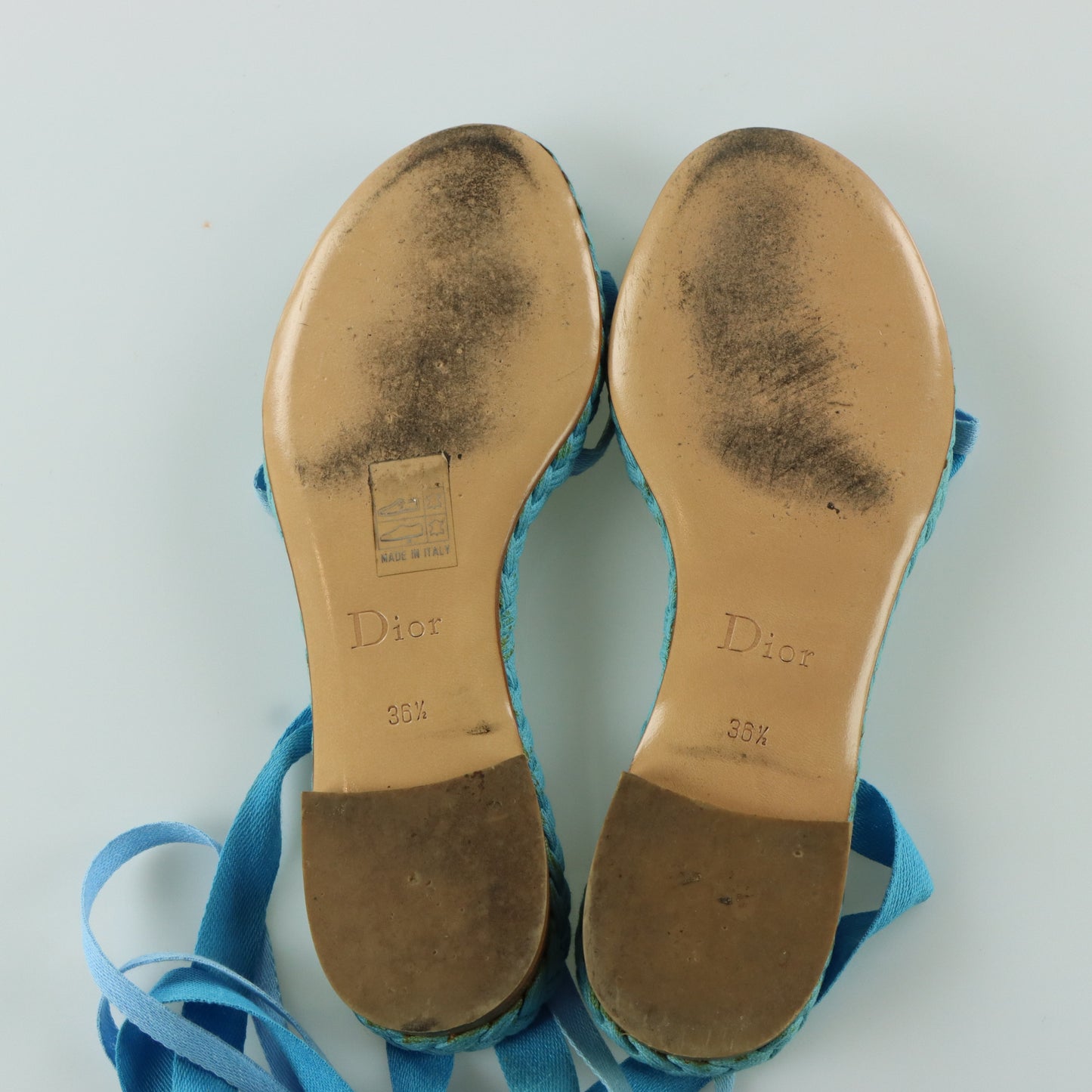 DIOR Cloth Strappy Lace-Up Bow Detail Blue Sandals (36.5)