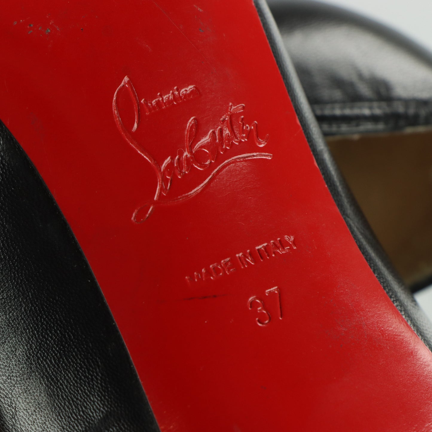 CHRISTIAN LOUBOUTIN Black Leather Bow Italian Made Peep Toe Stiletto Heels (37)