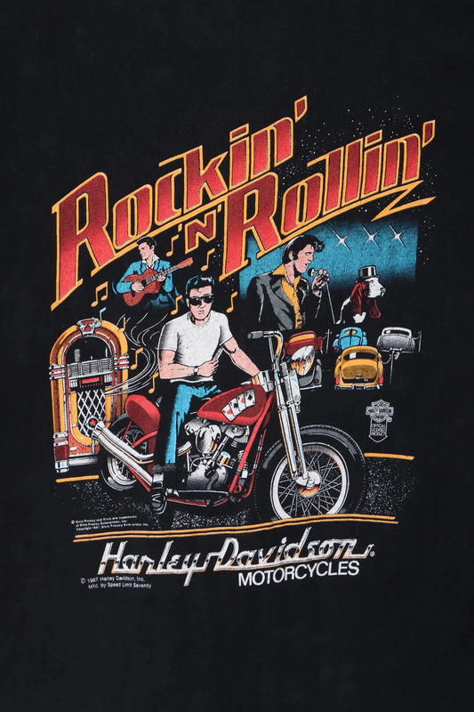 Vintage HARLEY DAVIDSON 1987 'Rockin Rollin' Elvis Presley Single Stitch T-Shirt (S) Vintage Sole Melbourne