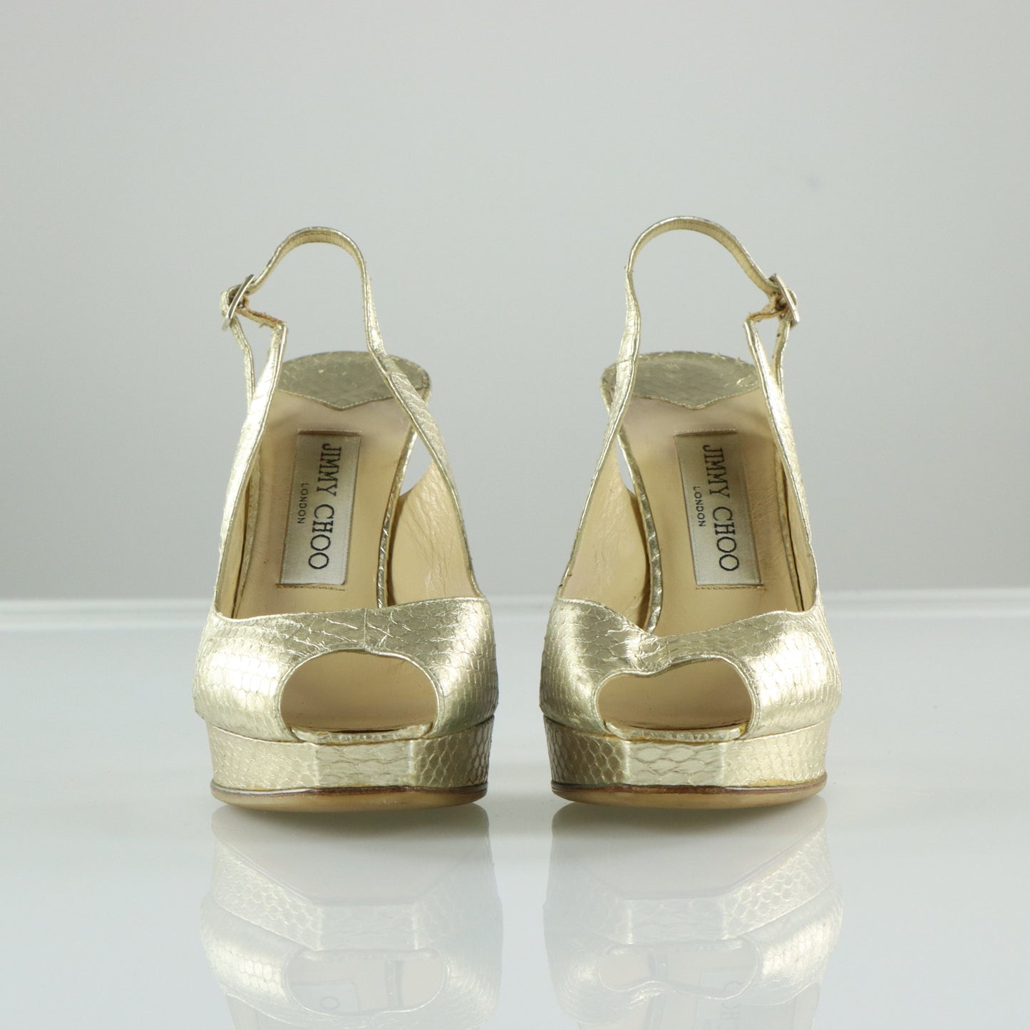 JIMMY CHOO Metallic Gold Snakeskin Peep Toe Slingback Heels Italian Made (37.5)