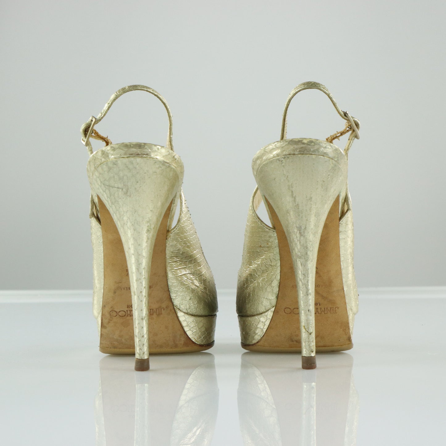 JIMMY CHOO Metallic Gold Snakeskin Peep Toe Slingback Heels Italian Made (37.5)