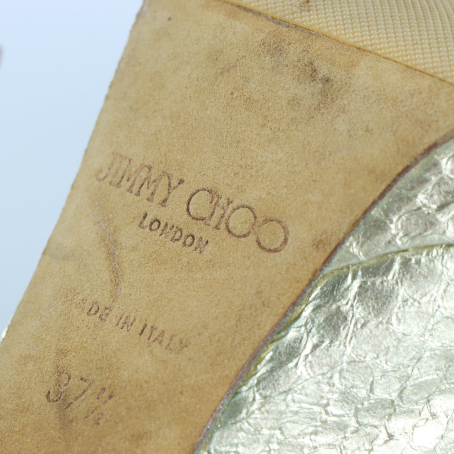 JIMMY CHOO Metallic Gold Snakeskin Peep Toe Slingback Heels Italian Made (37.5)