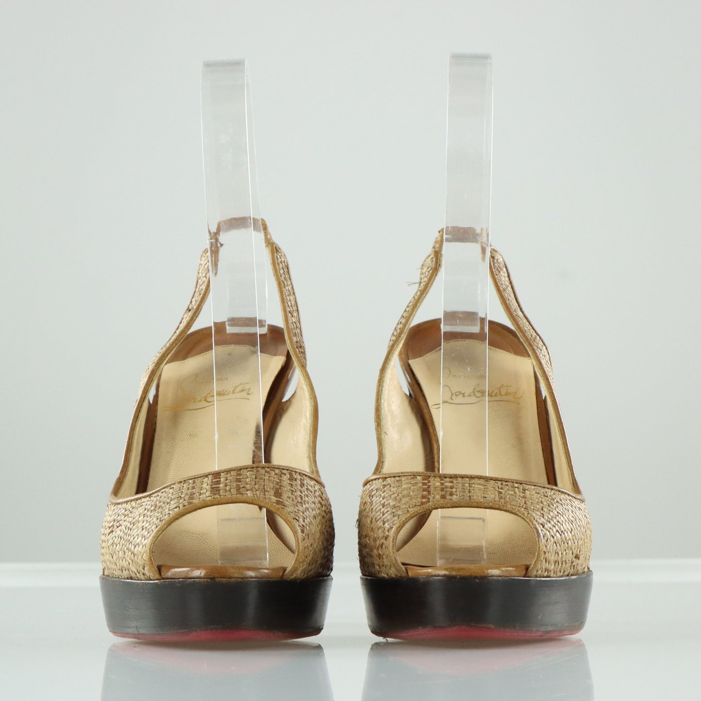 CHRISTIAN LOUBOUTIN Slingback Leather & Raffia Italian Made Peep Toe Heels (38)