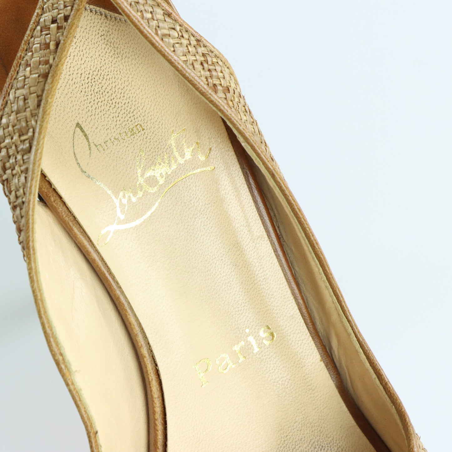 CHRISTIAN LOUBOUTIN Slingback Leather & Raffia Italian Made Peep Toe Heels (38)