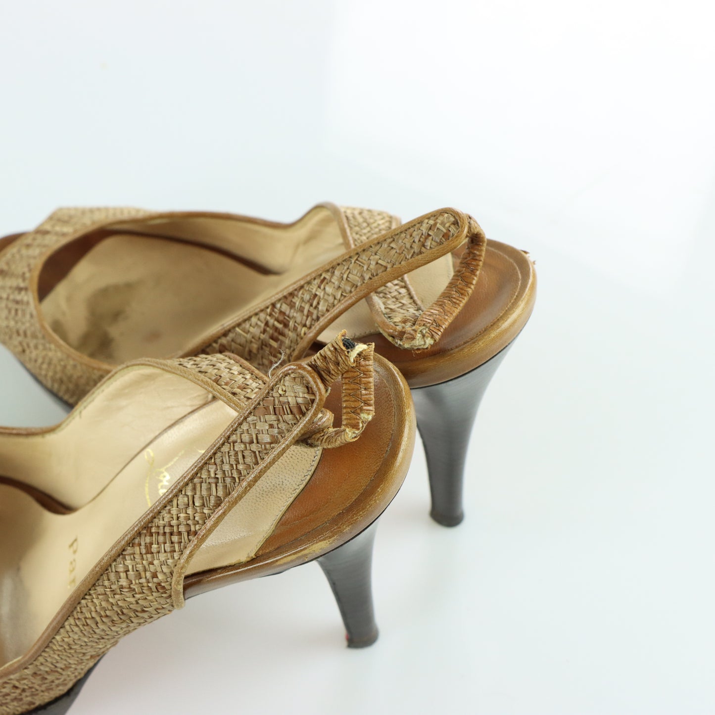 CHRISTIAN LOUBOUTIN Slingback Leather & Raffia Italian Made Peep Toe Heels (38)