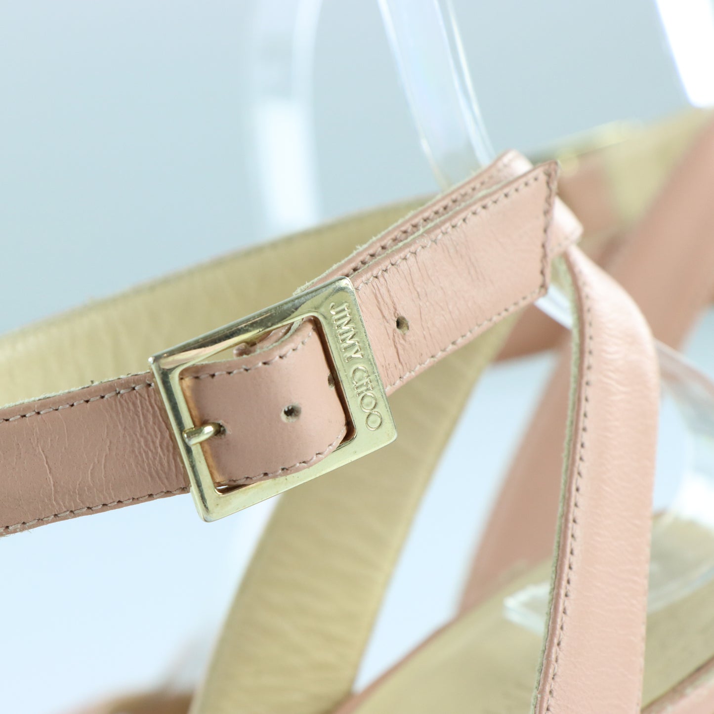 JIMMY CHOO Blush Pink Floral Design Embroidered Cork Wedge Sandals Spanish Made (38.5)