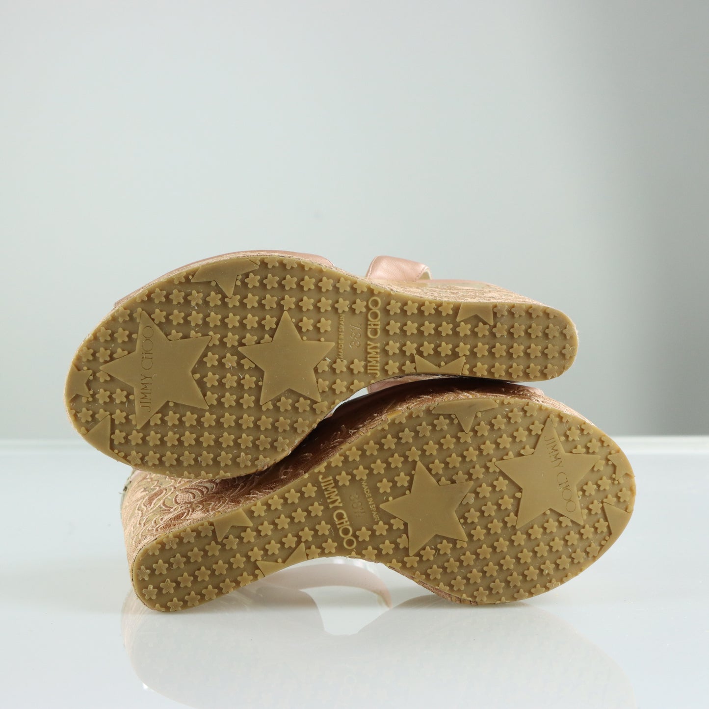 JIMMY CHOO Blush Pink Floral Design Embroidered Cork Wedge Sandals Spanish Made (38.5)